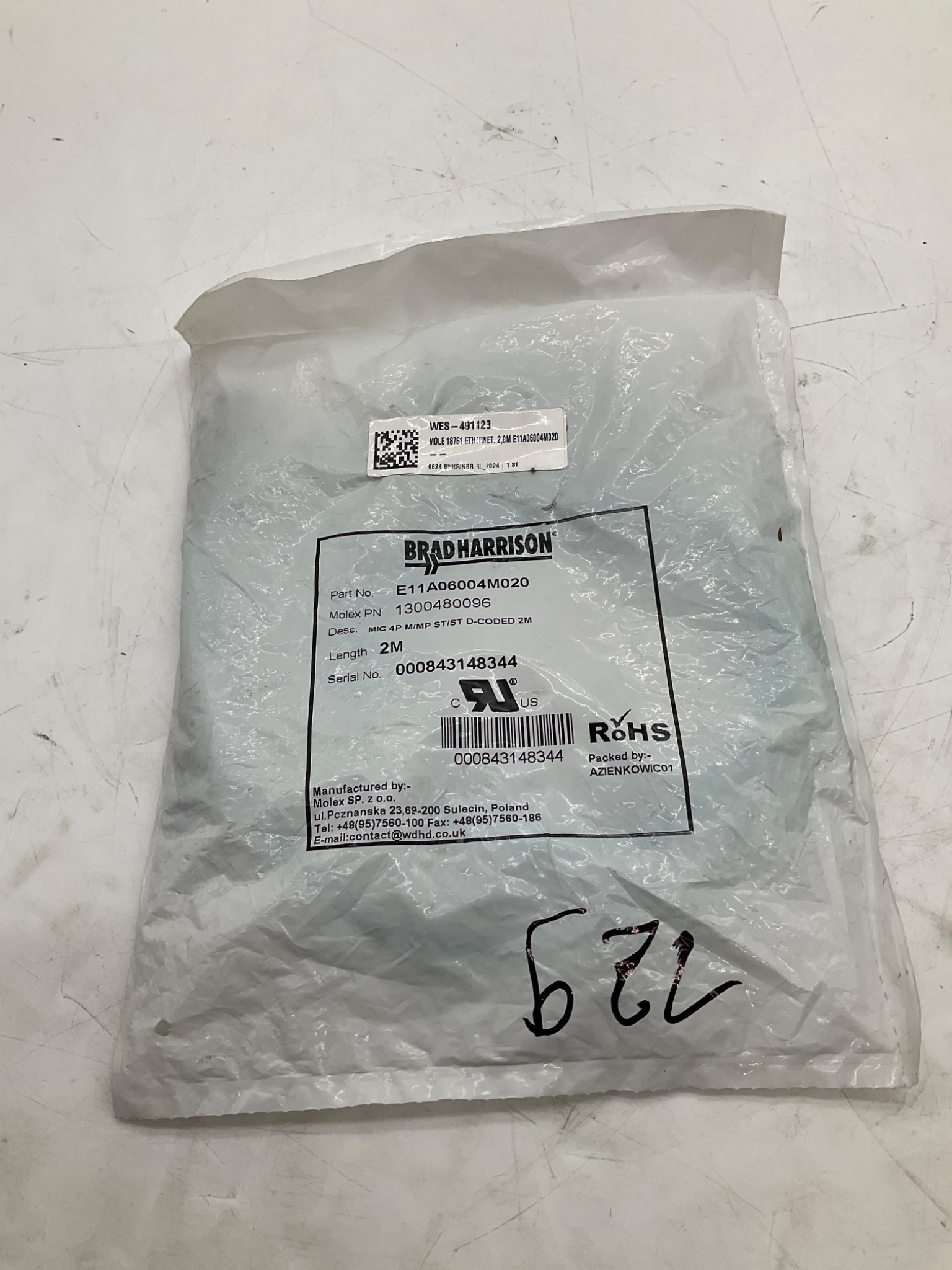 BRAD HARRISON E11A06004M020 M12 D-Coded Ethernet Cordset 2M NEW 0