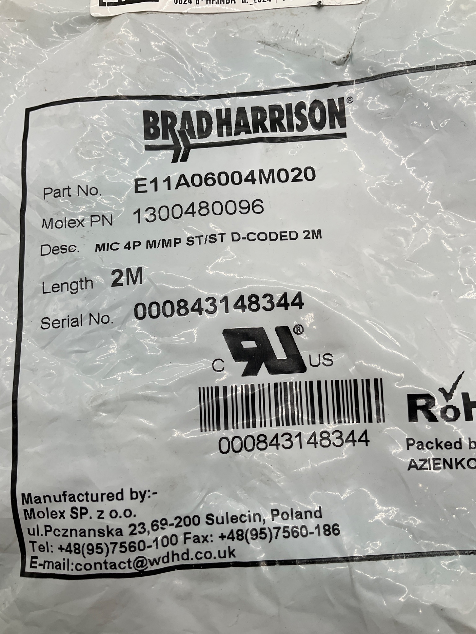 BRAD HARRISON E11A06004M020 M12 D-Coded Ethernet Cordset 2M NEW 1