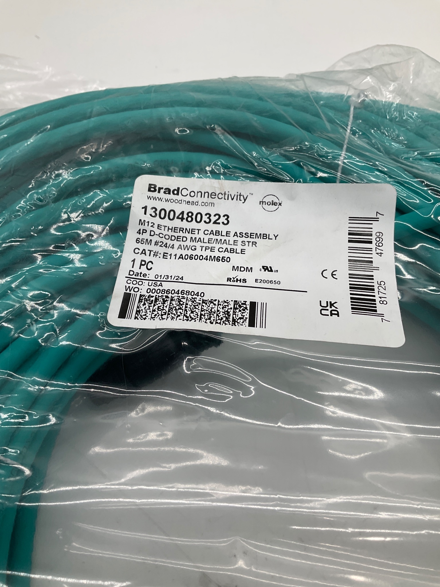 MOLEX 1300480323 M12 D-Coded Ethernet Cordset 65M NEW 2