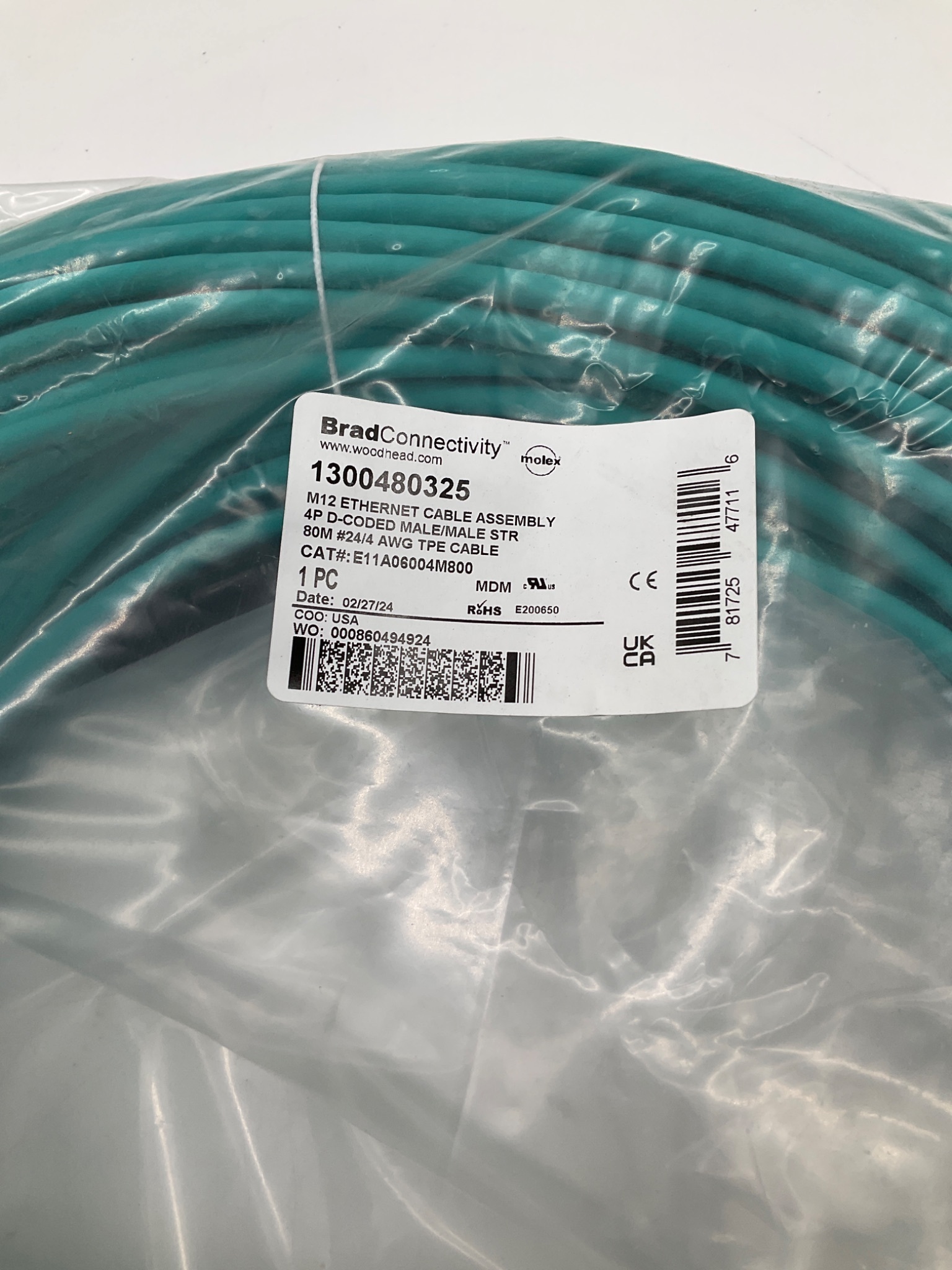 MOLEX 1300480325 M12 D-Coded Ethernet Cordset 80M NEW 1
