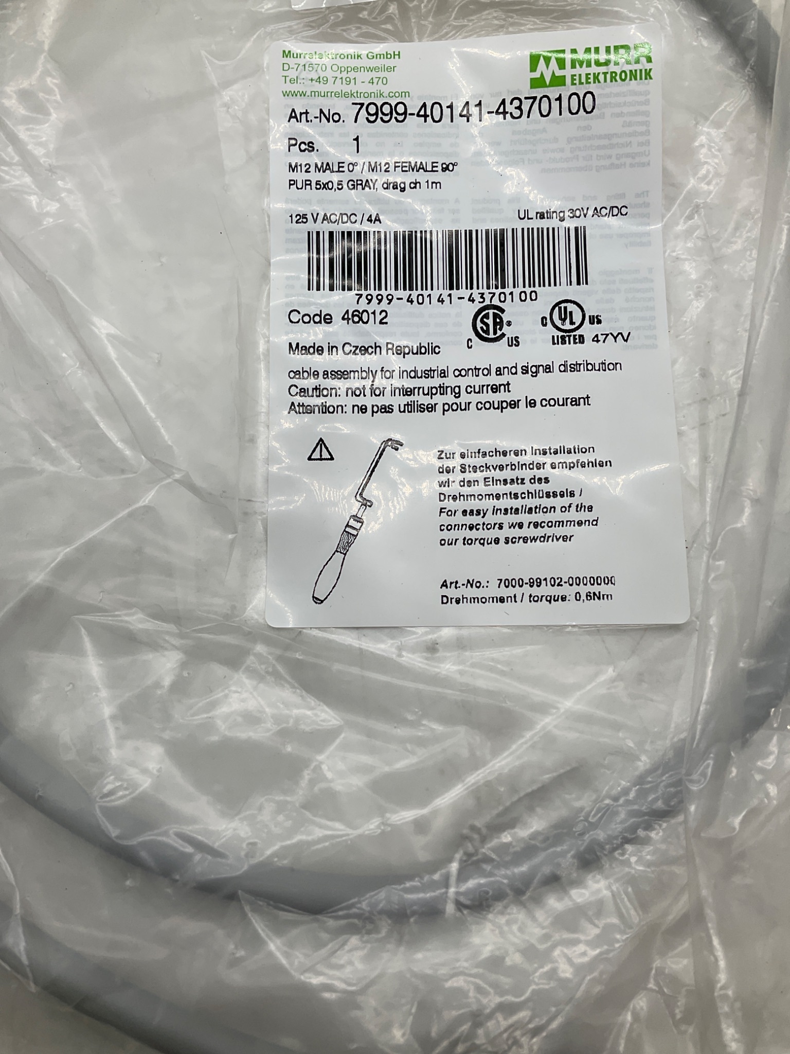 MURR ELEKTRONIK 7999-40141-4370100 M12 Sensor Actuator Cordset 1M (LOT OF 5) NEW 1