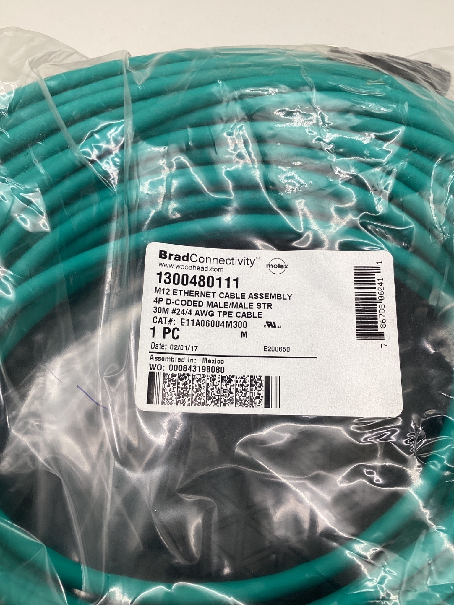 MOLEX 1300480111 / BRAD CONNECTIVITY E11A06004M300 M12 D-Coded Ethernet Cordset 30M NEW 1