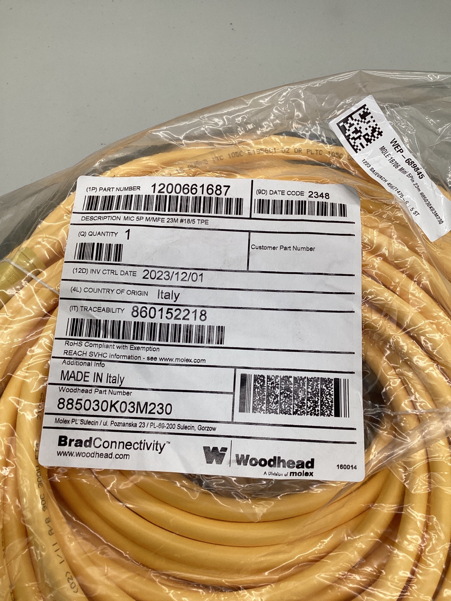 MOLEX / BRAD CONNECTIVITY 1200661687 M12 5-Pole Cordset 23M NEW 1