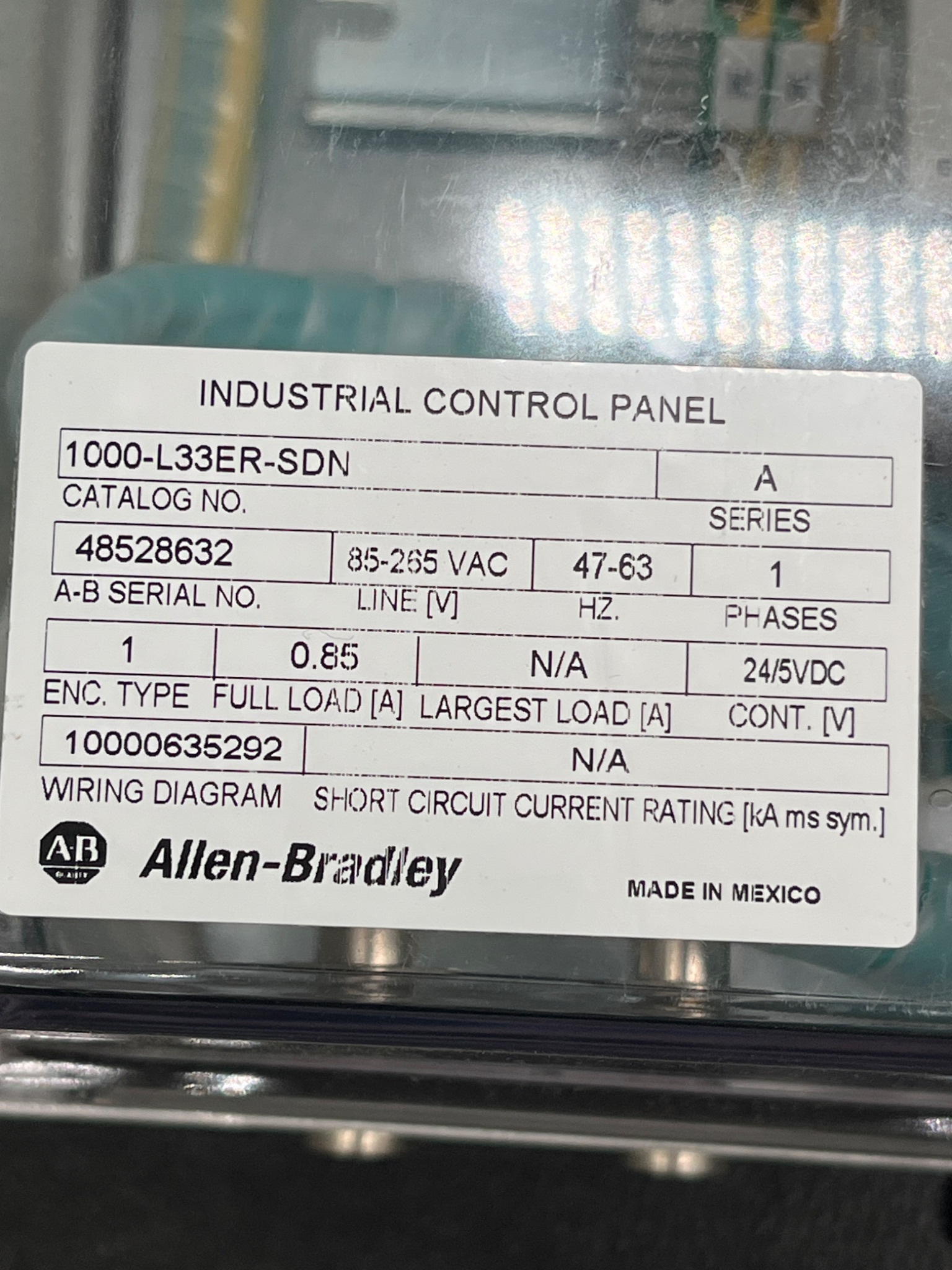 ALLEN‑BRADLEY 1000‑L33ER‑SDN Series A Industrial Control Panel USED 5
