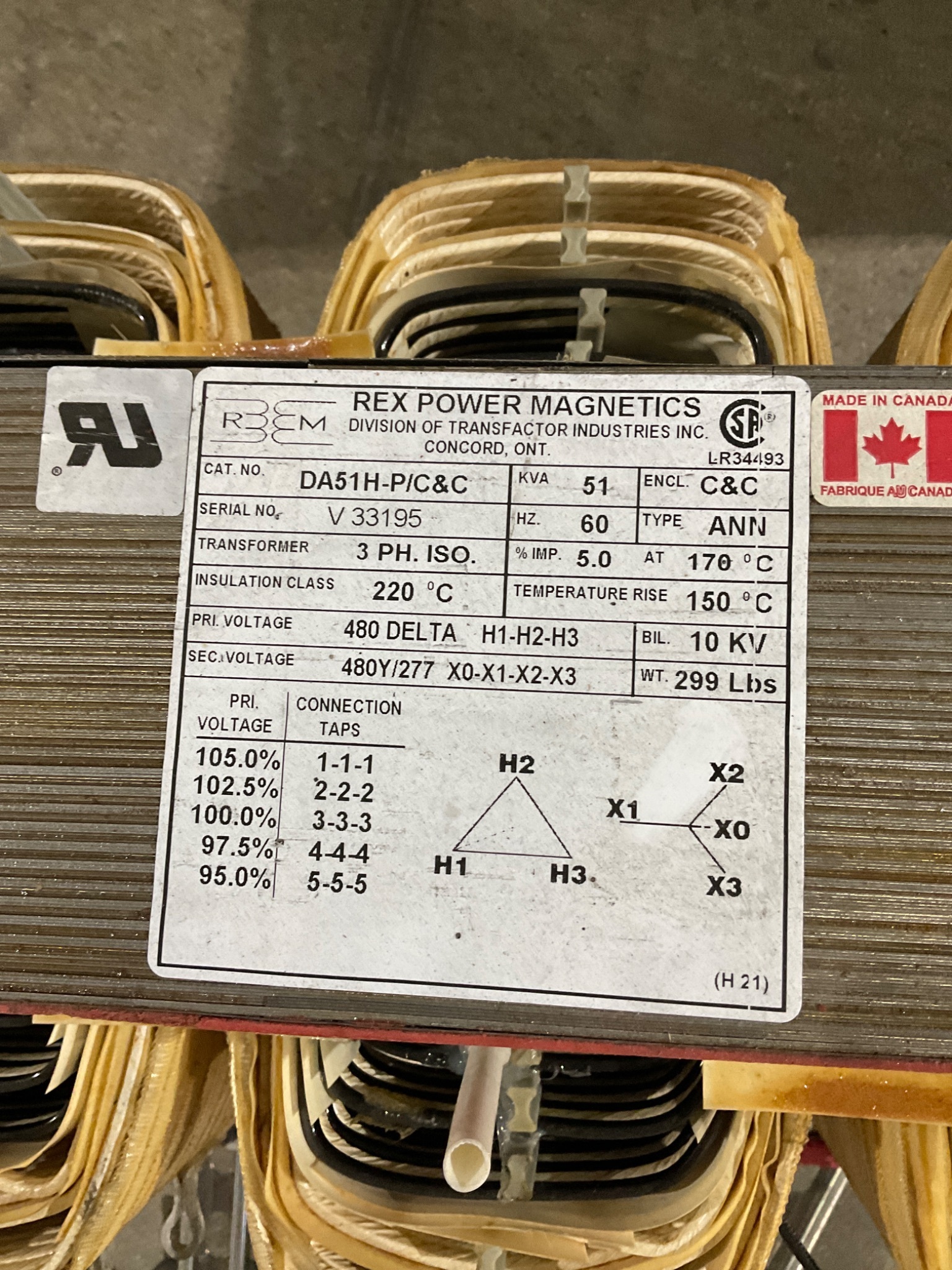 REX POWER MAGNETICS DA51H-P/C&C 51 kVA 480V Isolation Transformer USED 1