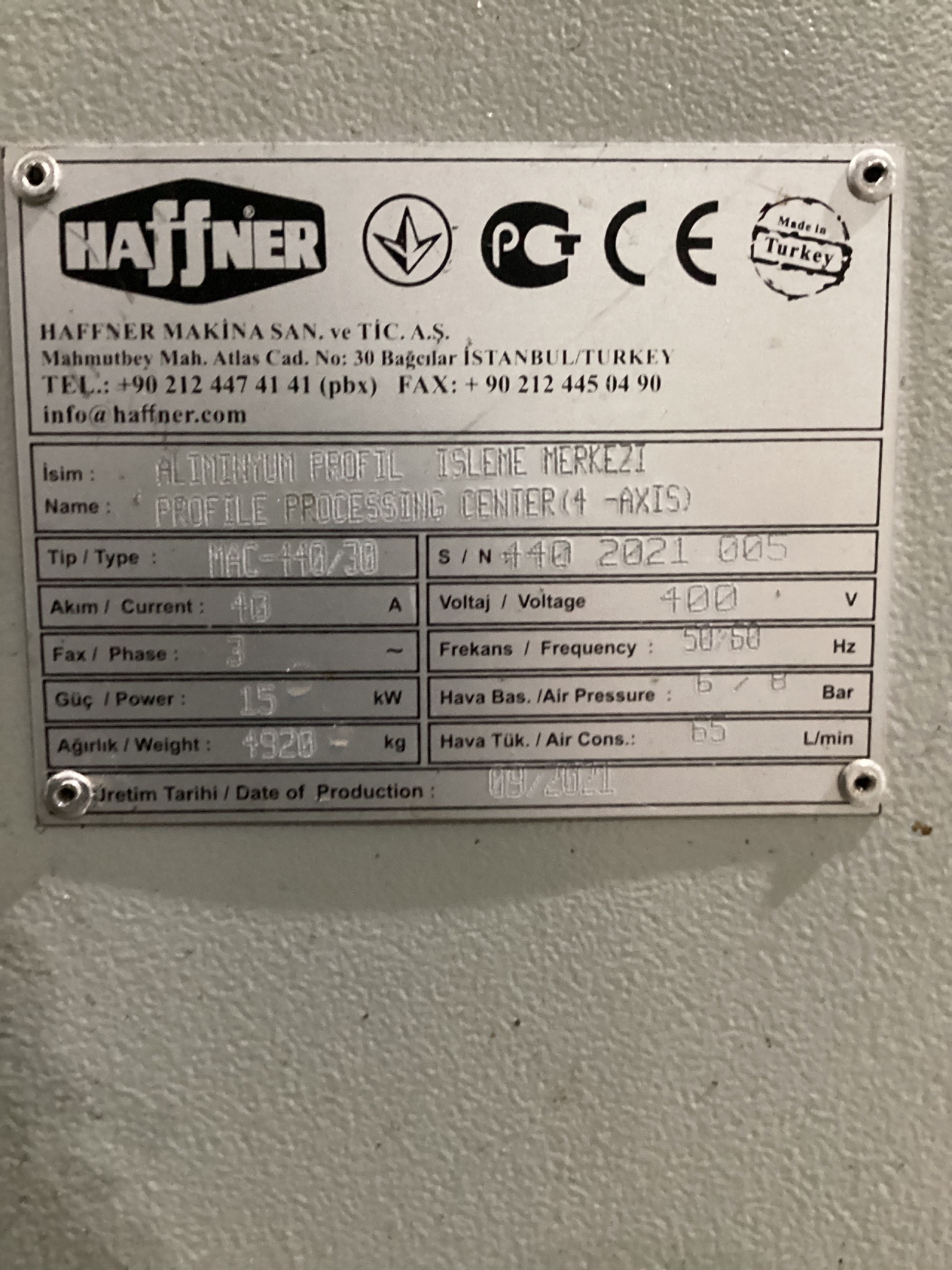 HAFFNER MAC440-30 4-Axis Aluminum Profile Processing Center 15kW USED 10