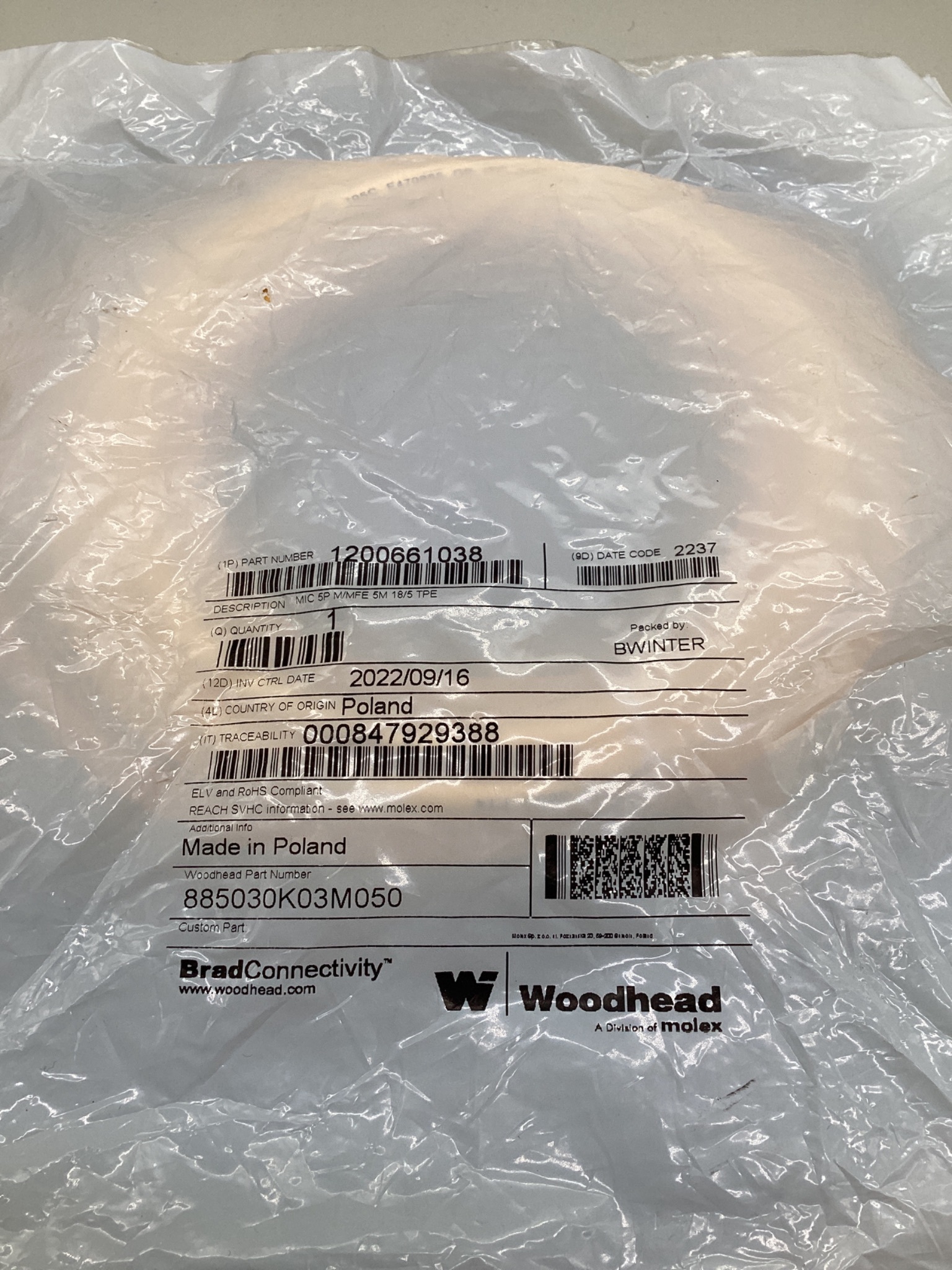 MOLEX / BRAD CONNECTIVITY 1200661038 M12 5-Pole Cordset 5M NEW 2