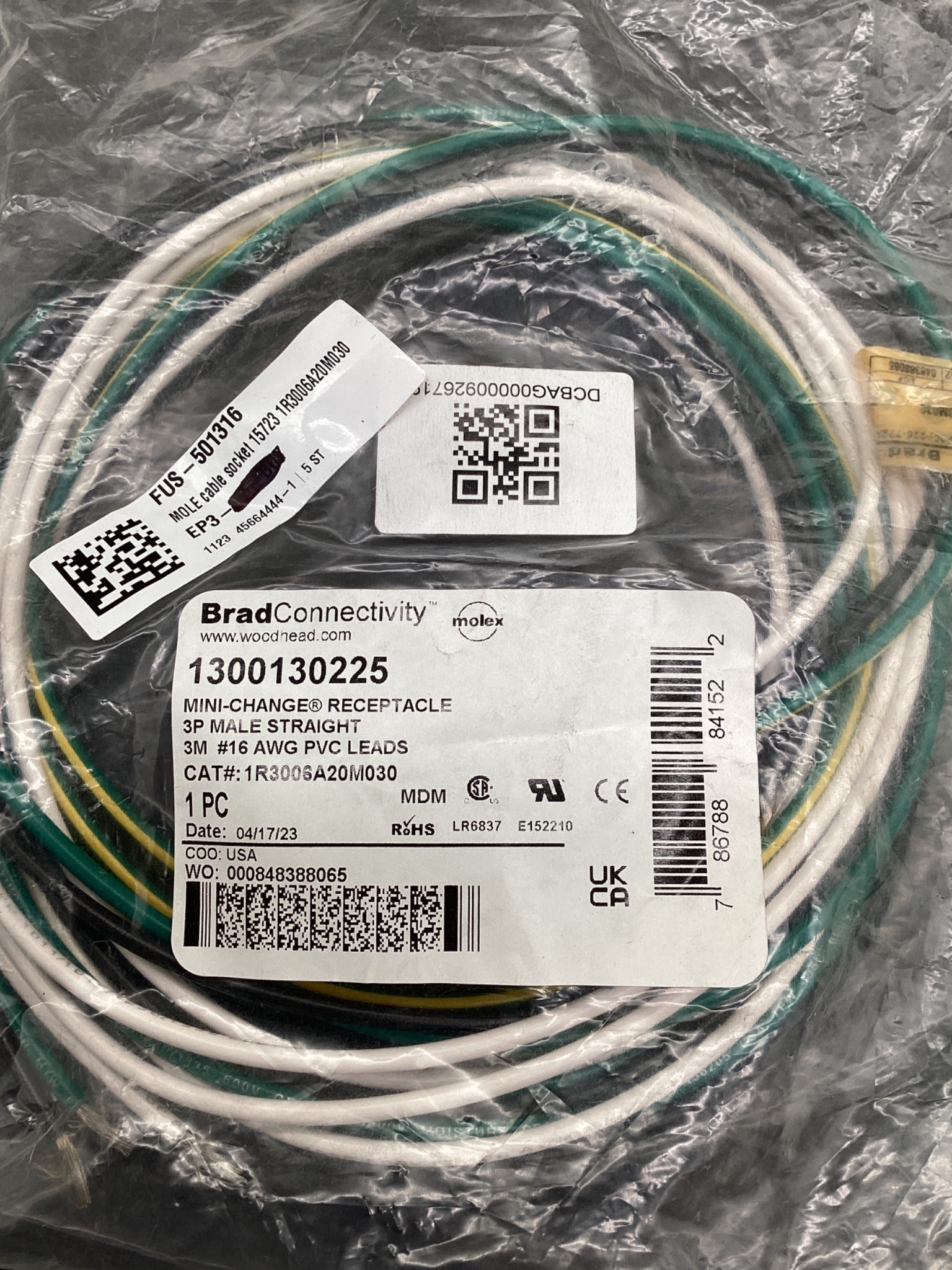 MOLEX / BRAD CONNECTIVITY 1300130225 Mini-Change 3 Pole Male Cable Assembly 3M NEW 1