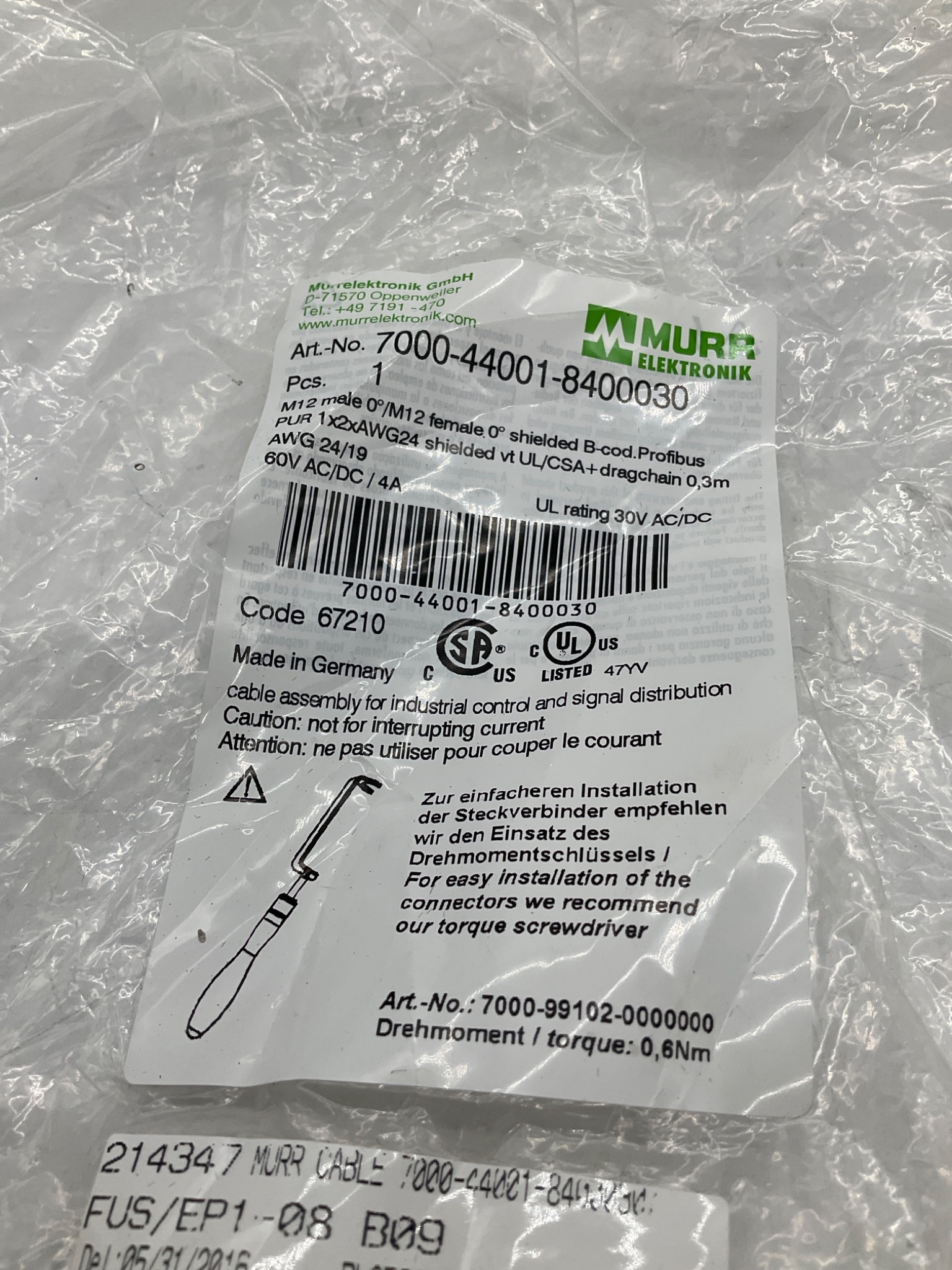 MURR ELEKTRONIK 7000-44001-8400030 M12 Profibus Cordset 0.3M NEW 1