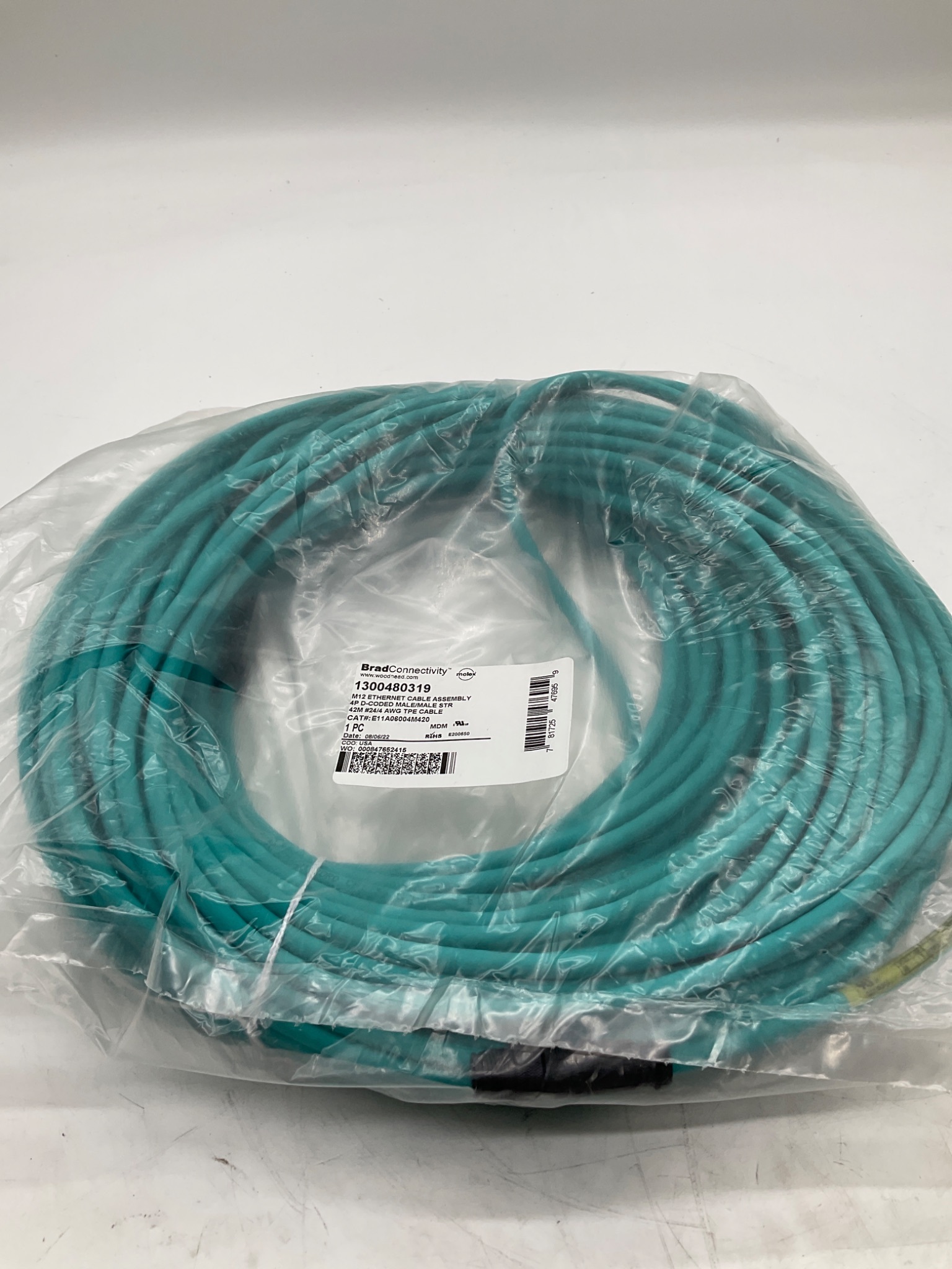 MOLEX 1300480319 M12 D-Coded Ethernet Cordset 42M NEW 0