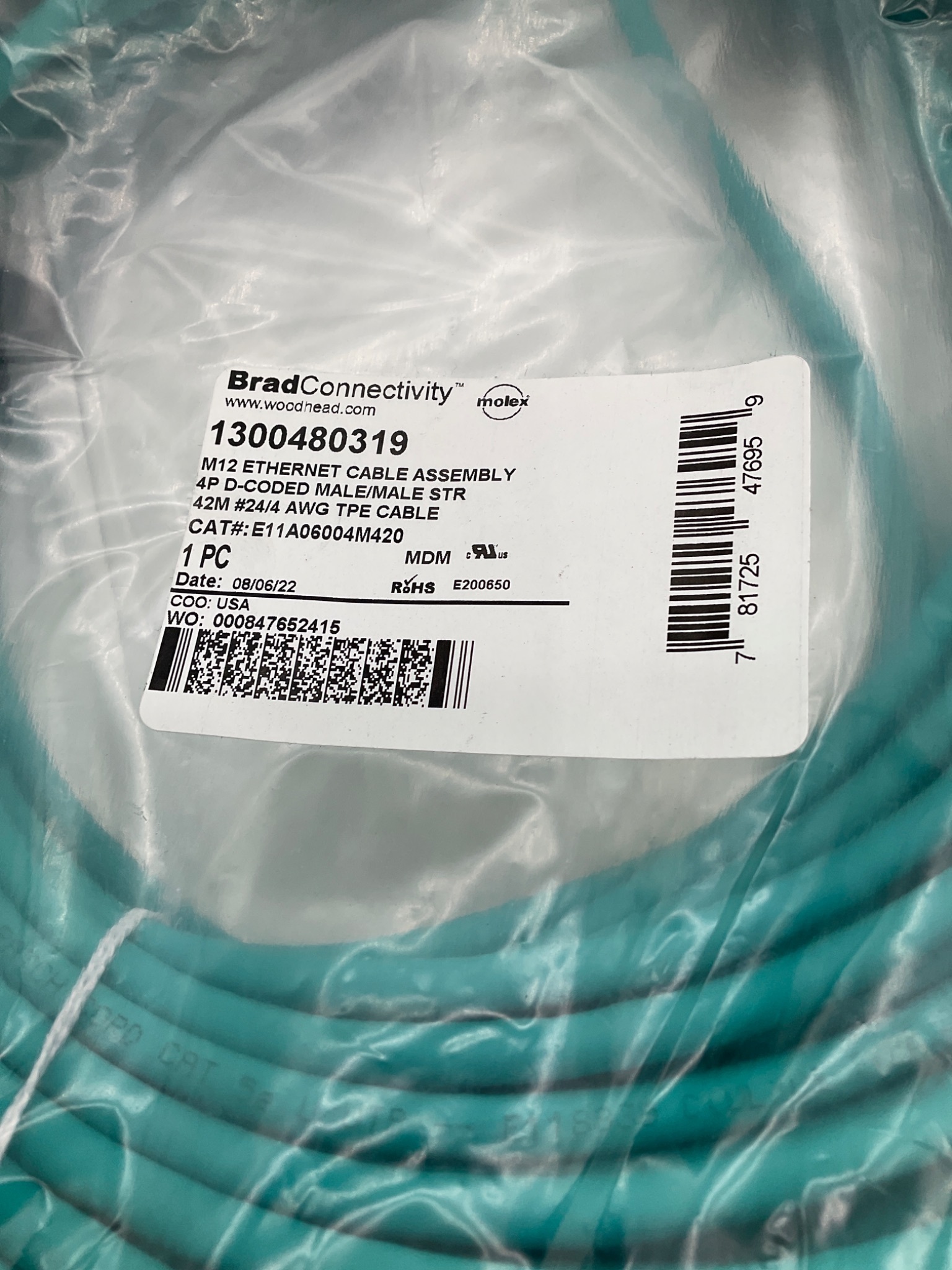 MOLEX 1300480319 M12 D-Coded Ethernet Cordset 42M NEW 1