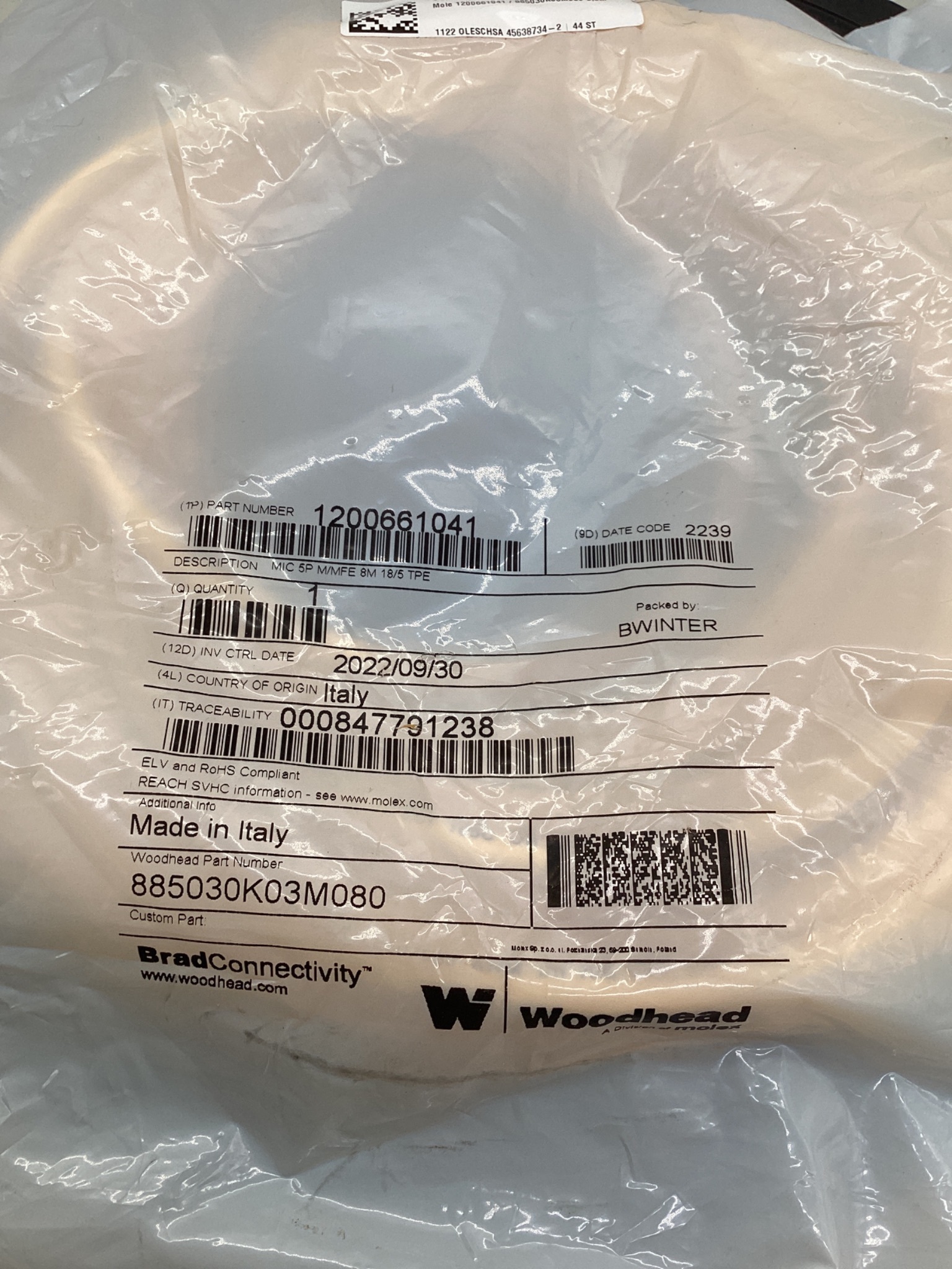 MOLEX / BRAD CONNECTIVITY 1200661041 M12 5-Pole Cordset 8M NEW 1