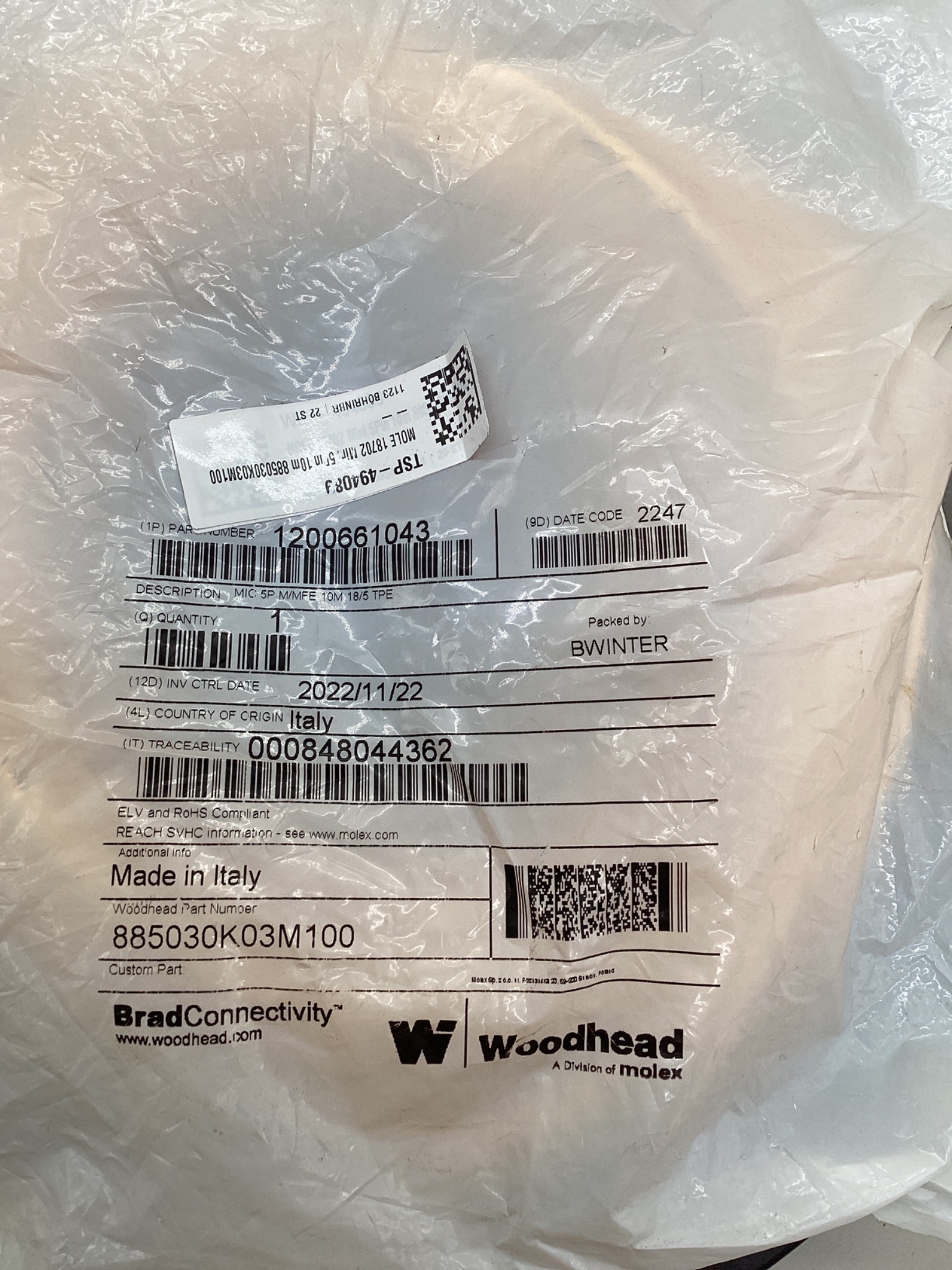 MOLEX / BRAD CONNECTIVITY 1200661043 M12 5-Pole Cordset 10M NEW 1