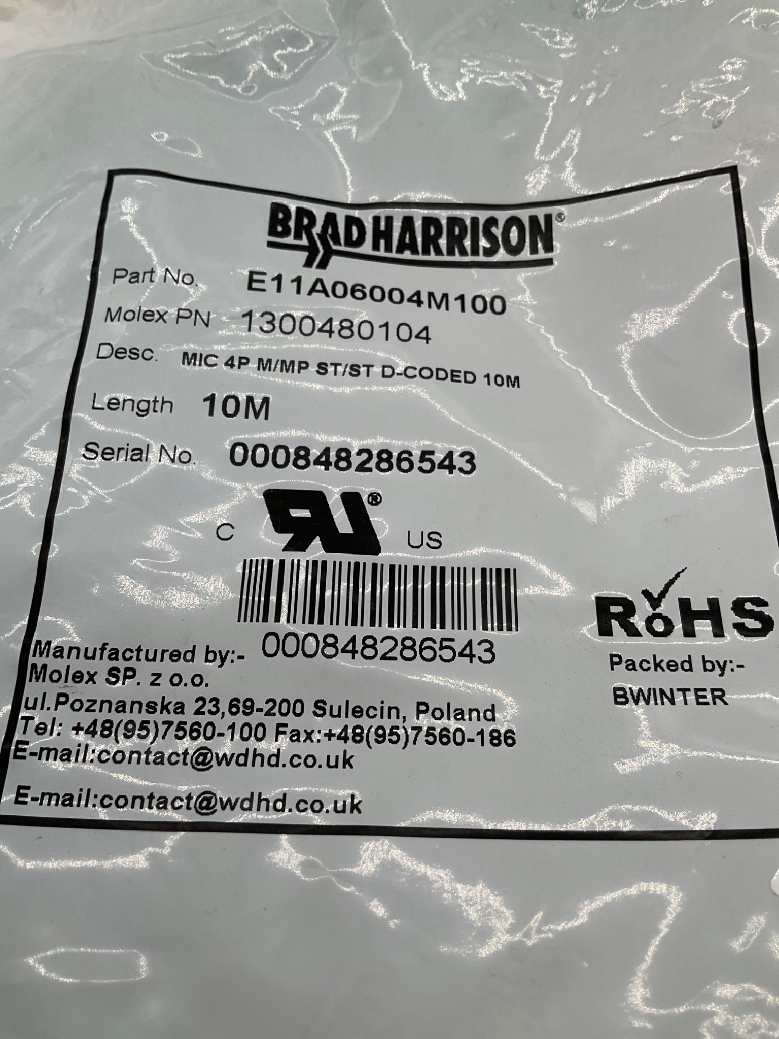 MOLEX / BRAD HARRISON 1300480104 M12 D-Coded Ethernet Cordset 10M NEW 0