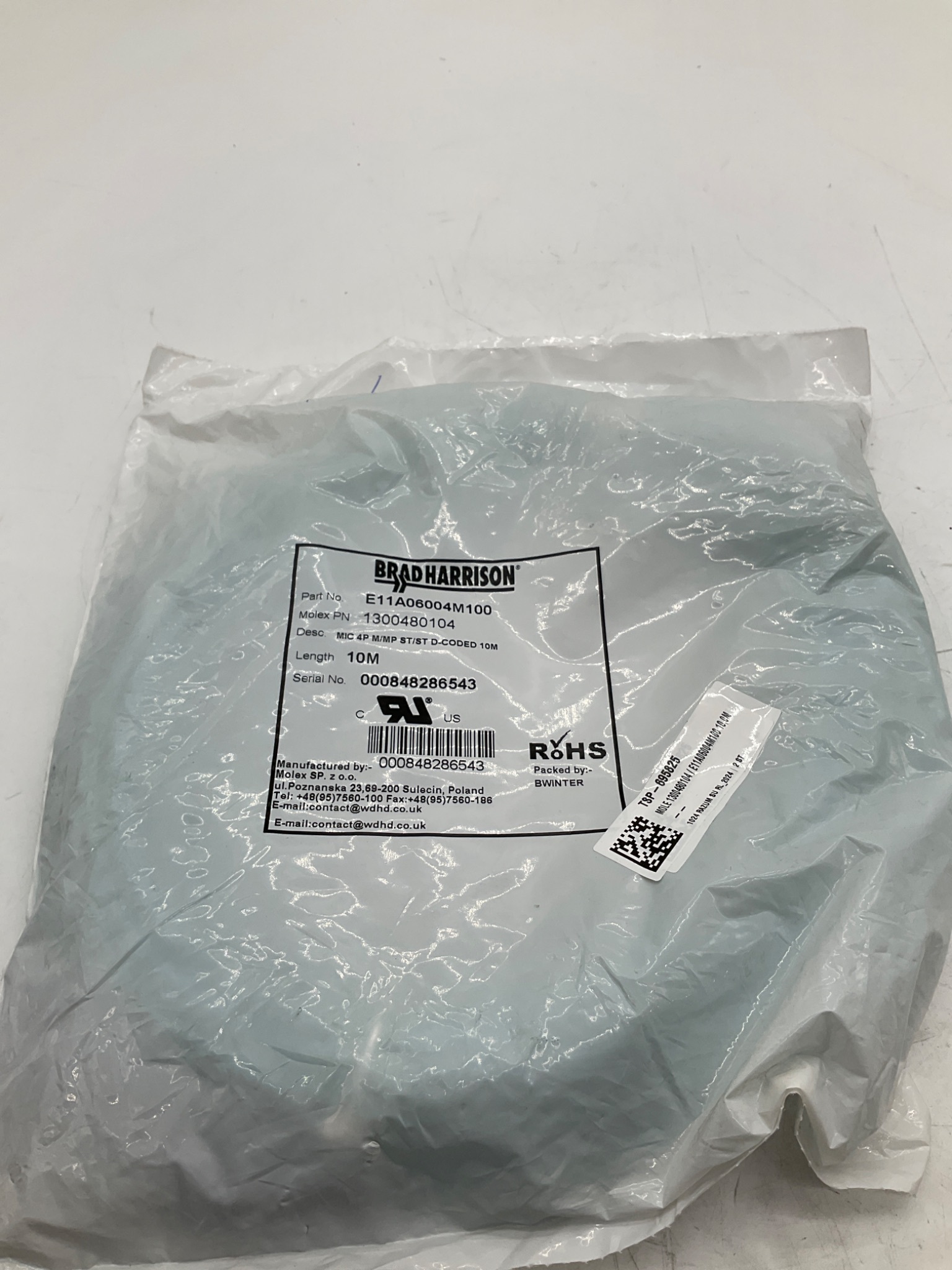 MOLEX / BRAD HARRISON 1300480104 M12 D-Coded Ethernet Cordset 10M NEW 1