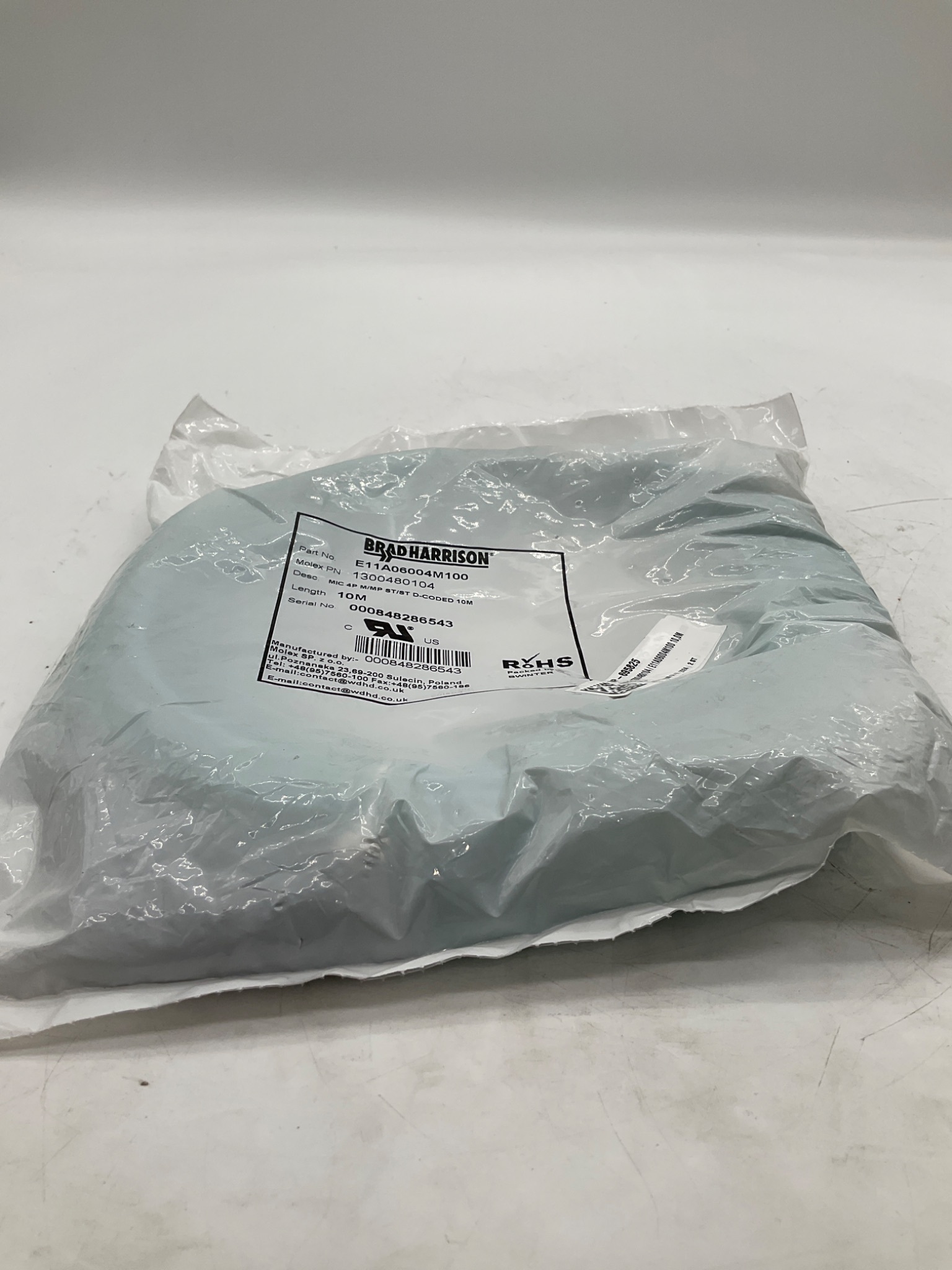 MOLEX / BRAD HARRISON 1300480104 M12 D-Coded Ethernet Cordset 10M NEW 4