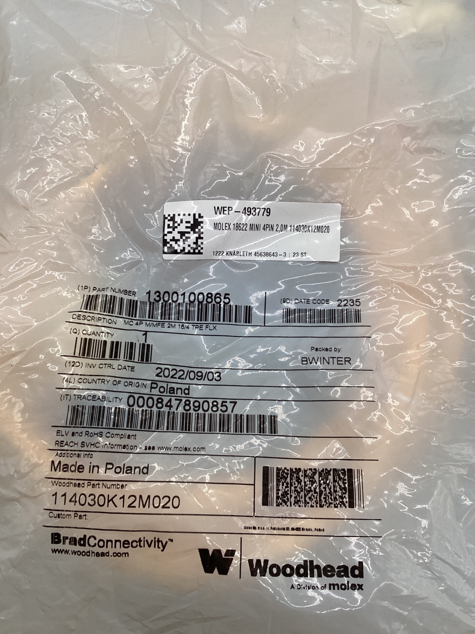 MOLEX / BRAD CONNECTIVITY 1300100865 Micro-Change Extension Cordset 2M NEW 1