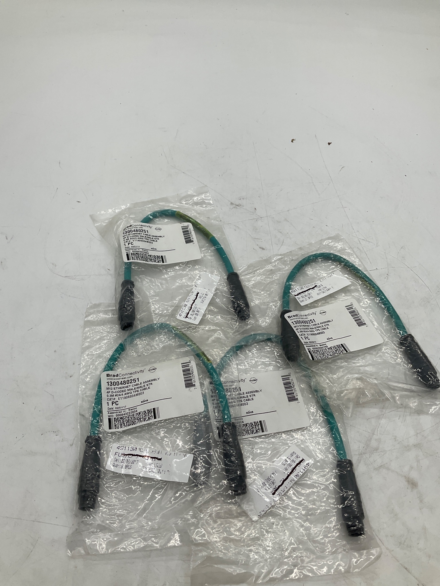 MOLEX / BRAD CONNECTIVITY 1300480251 M12 D-Coded Ethernet Cordset 0.3M (Lot Of 4) NEW 0