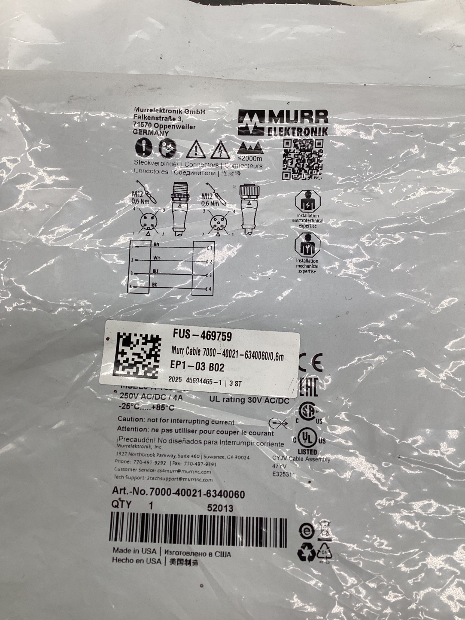 MURR ELEKTRONIK 7000-40021-6340060 M12 Sensor Actuator Cordset 0.6M NEW 1