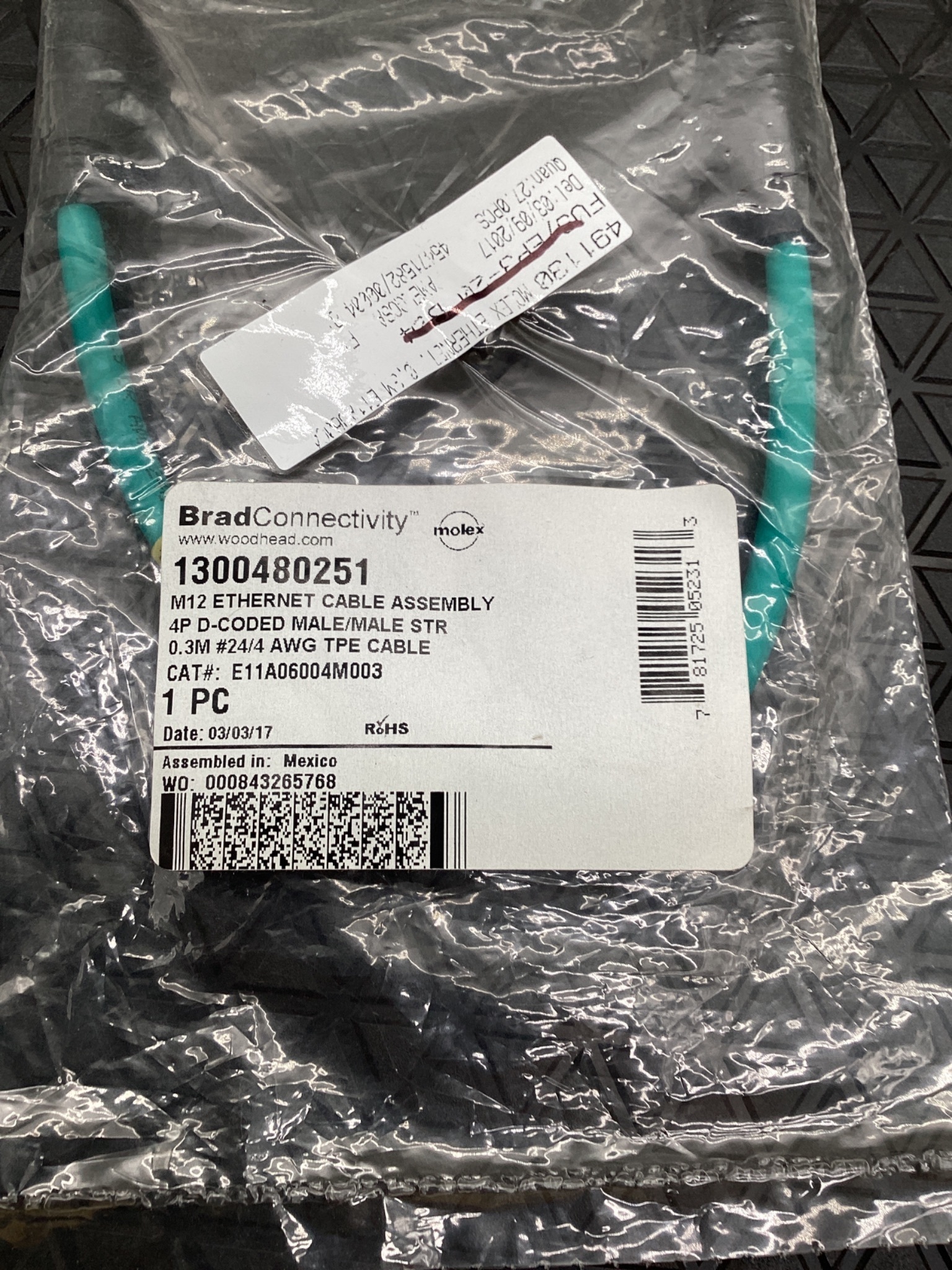 MOLEX BRAD CONNECTIVITY 1300480251 M12 D-Coded Ethernet Cordset 0.3M NEW 1