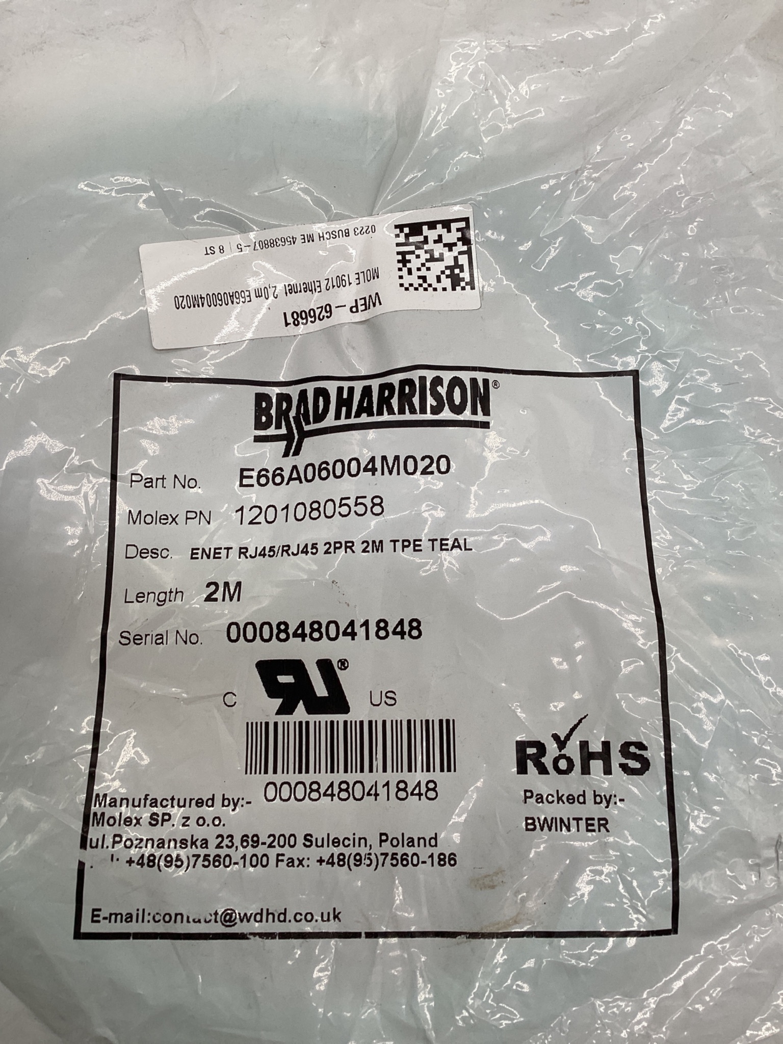MOLEX / BRAD HARRISON 1201080558 RJ45 Ethernet Cordset 2M (Lot Of 3) NEW 1