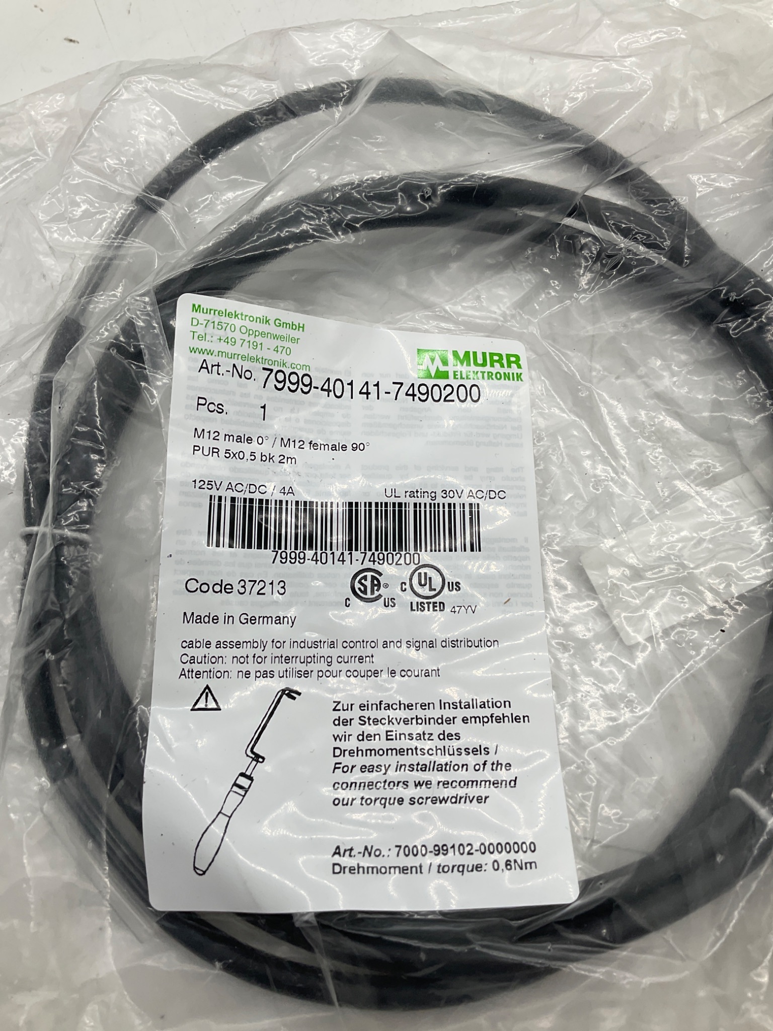 MURR ELEKTRONIK 7999-40141-7490200 M12 Sensor Actuator Cordset 2M NEW 1