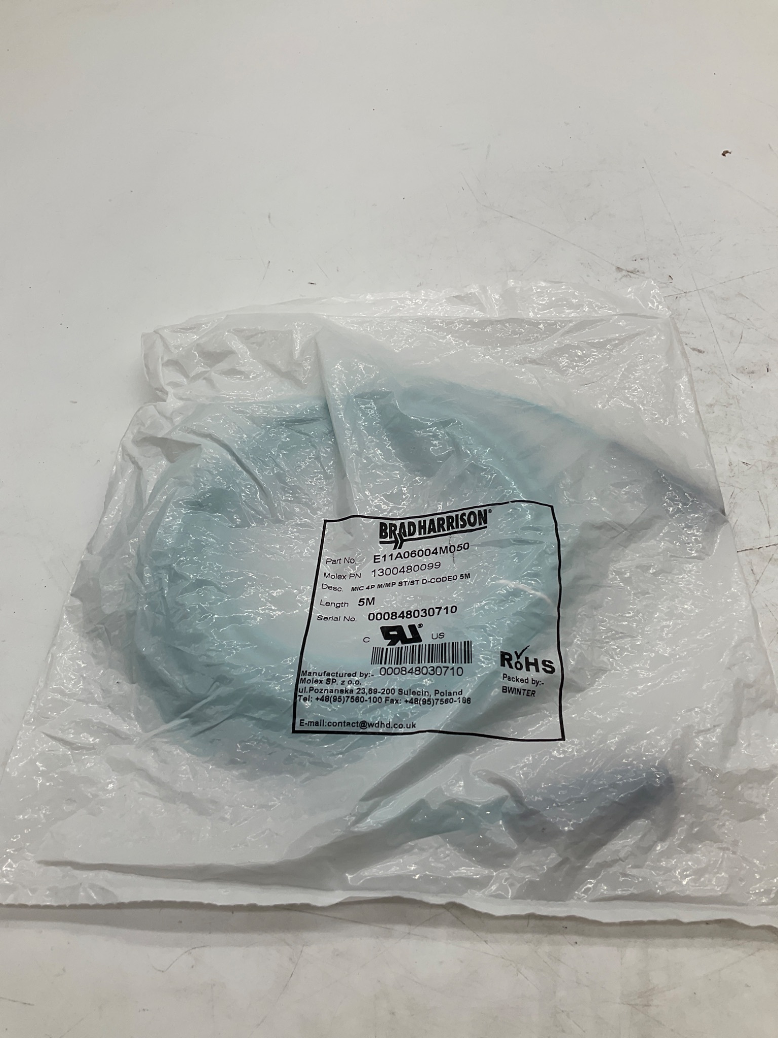 MOLEX / BRAD HARRISON 1201080099 M12 D-Coded Ethernet Cordset 5M NEW 0