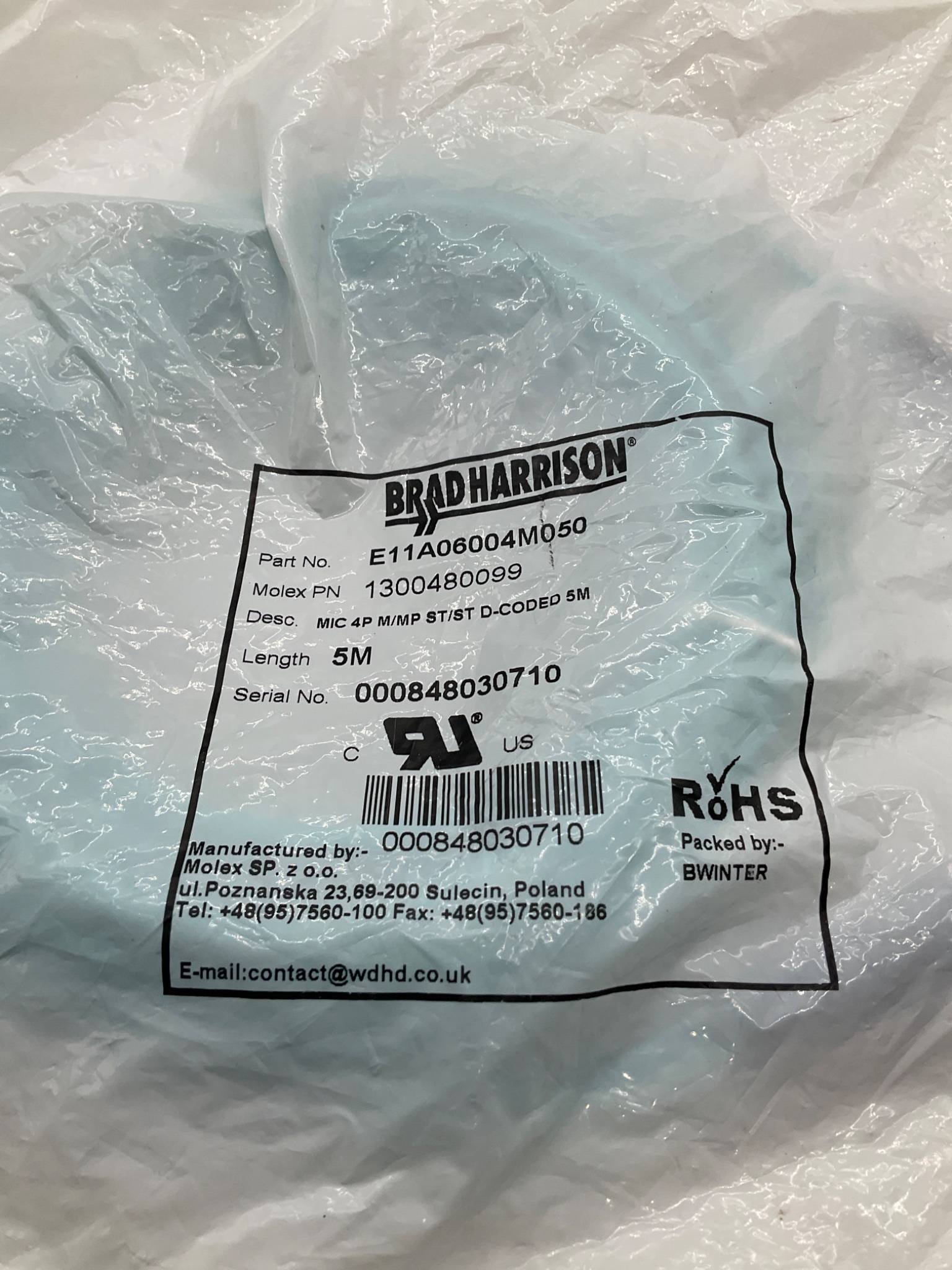 MOLEX / BRAD HARRISON 1201080099 M12 D-Coded Ethernet Cordset 5M NEW 1