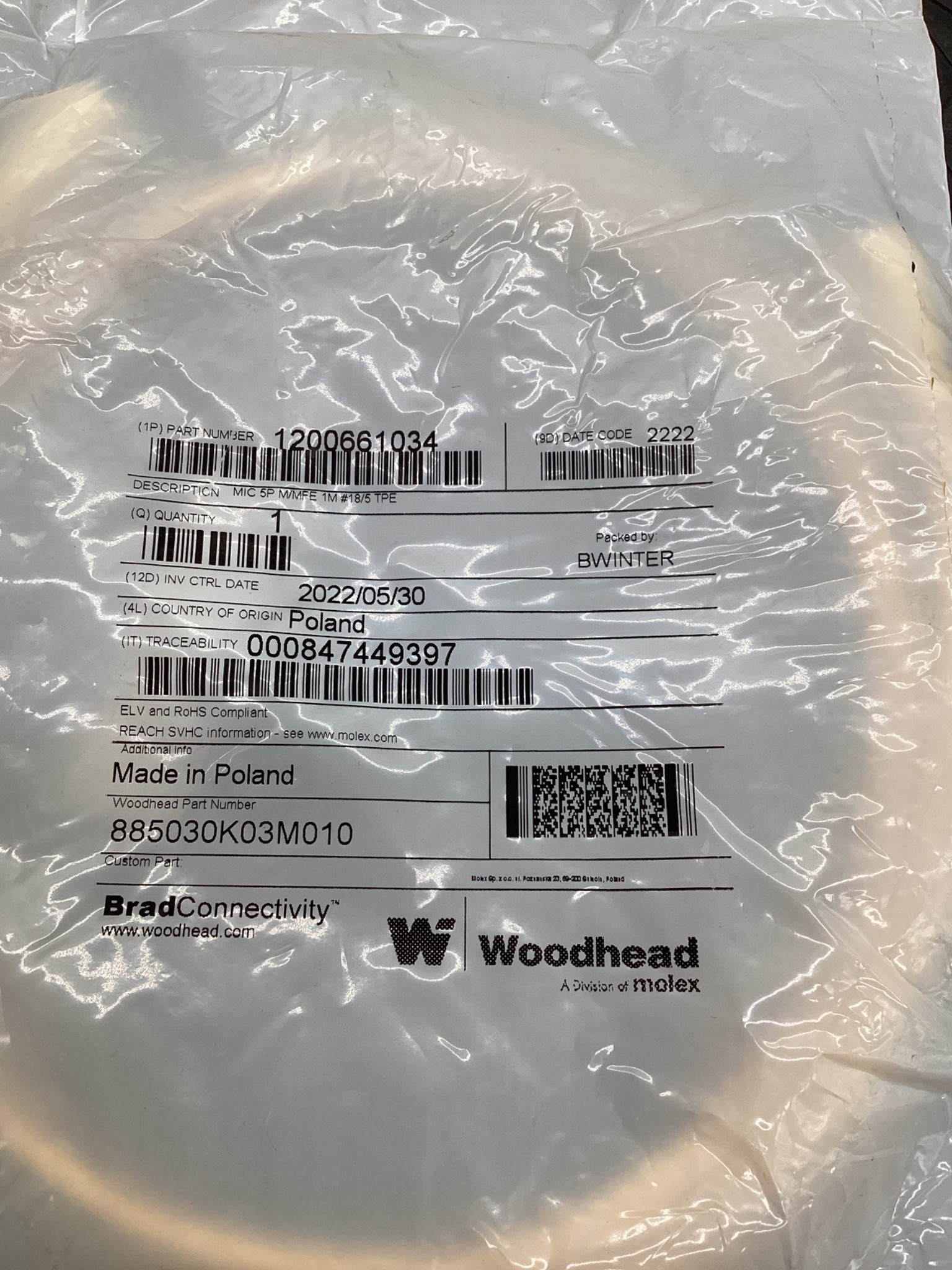 MOLEX / BRAD CONNECTIVITY 1200661034 Micro-Change Extension Cordset 1M (Lot Of 5) NEW 1