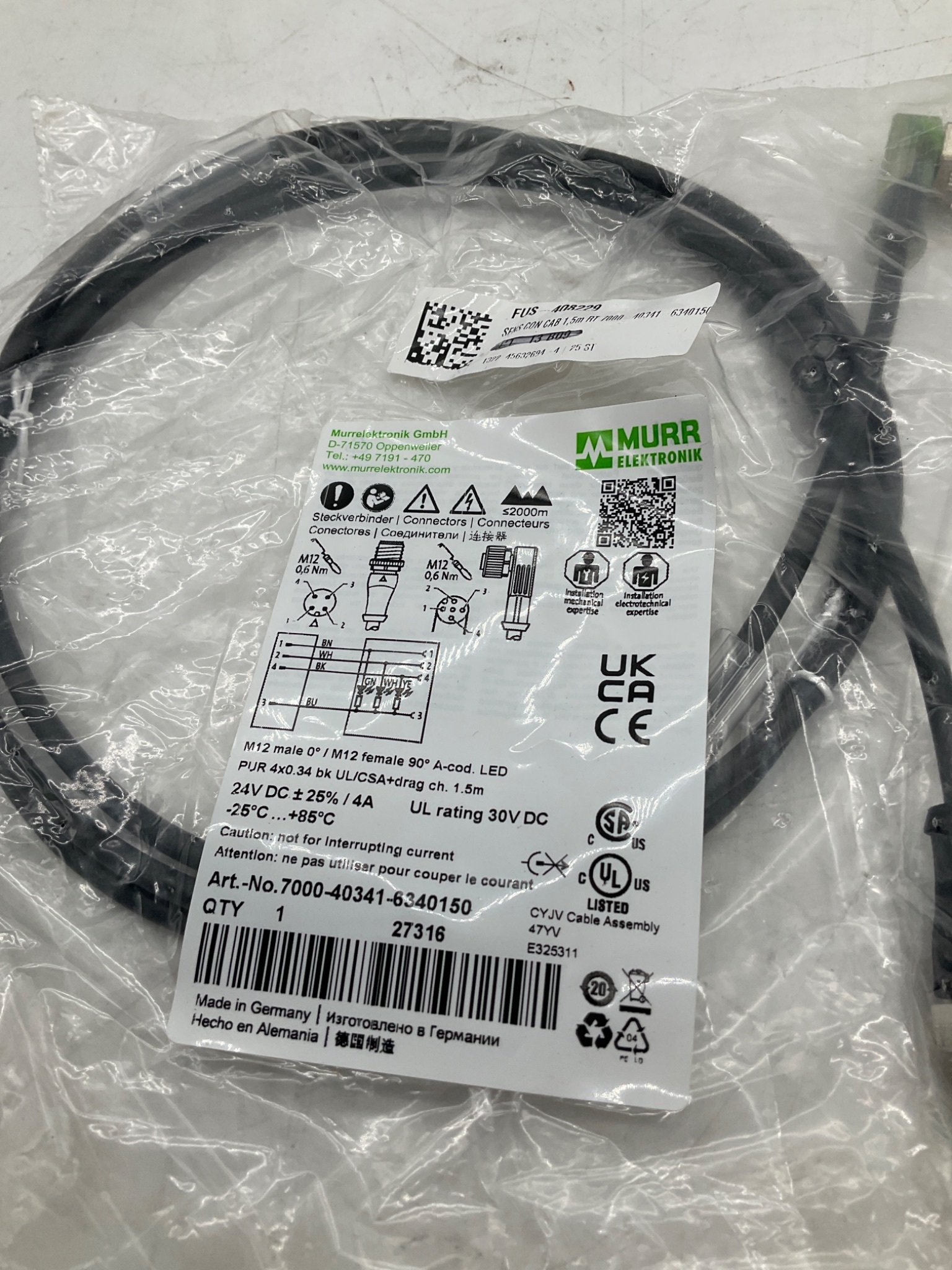 MURR ELEKTRONIK 7000-40341-6340150 M12 LED Cordset 1.5M NEW 0