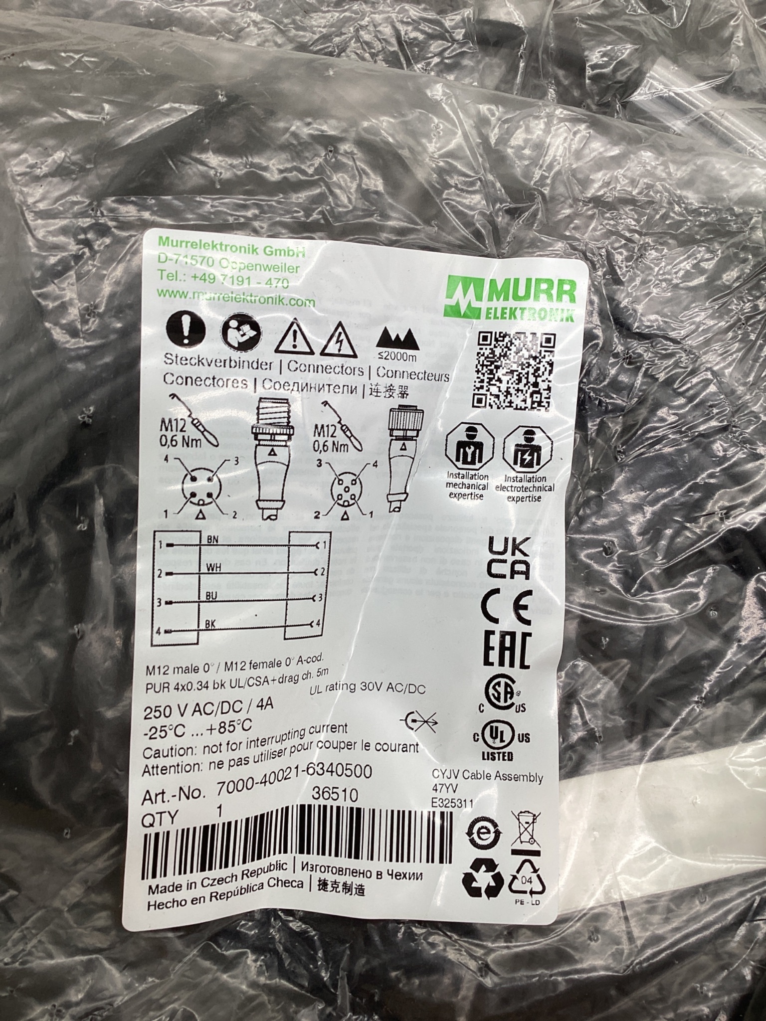 MURR ELEKTRONIK 7000-40021-6340500 M12 Sensor Actuator Cordset 5M NEW 1