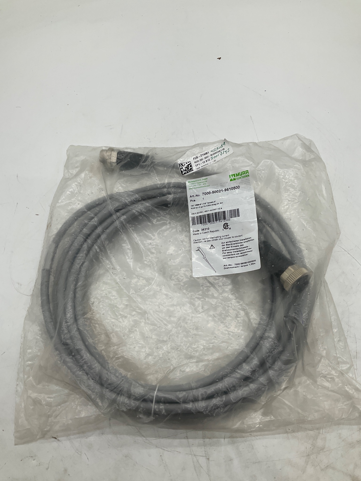 MURR ELEKTRONIK 7000-50021-9610500 7/8" Power Cordset 5M NEW 1