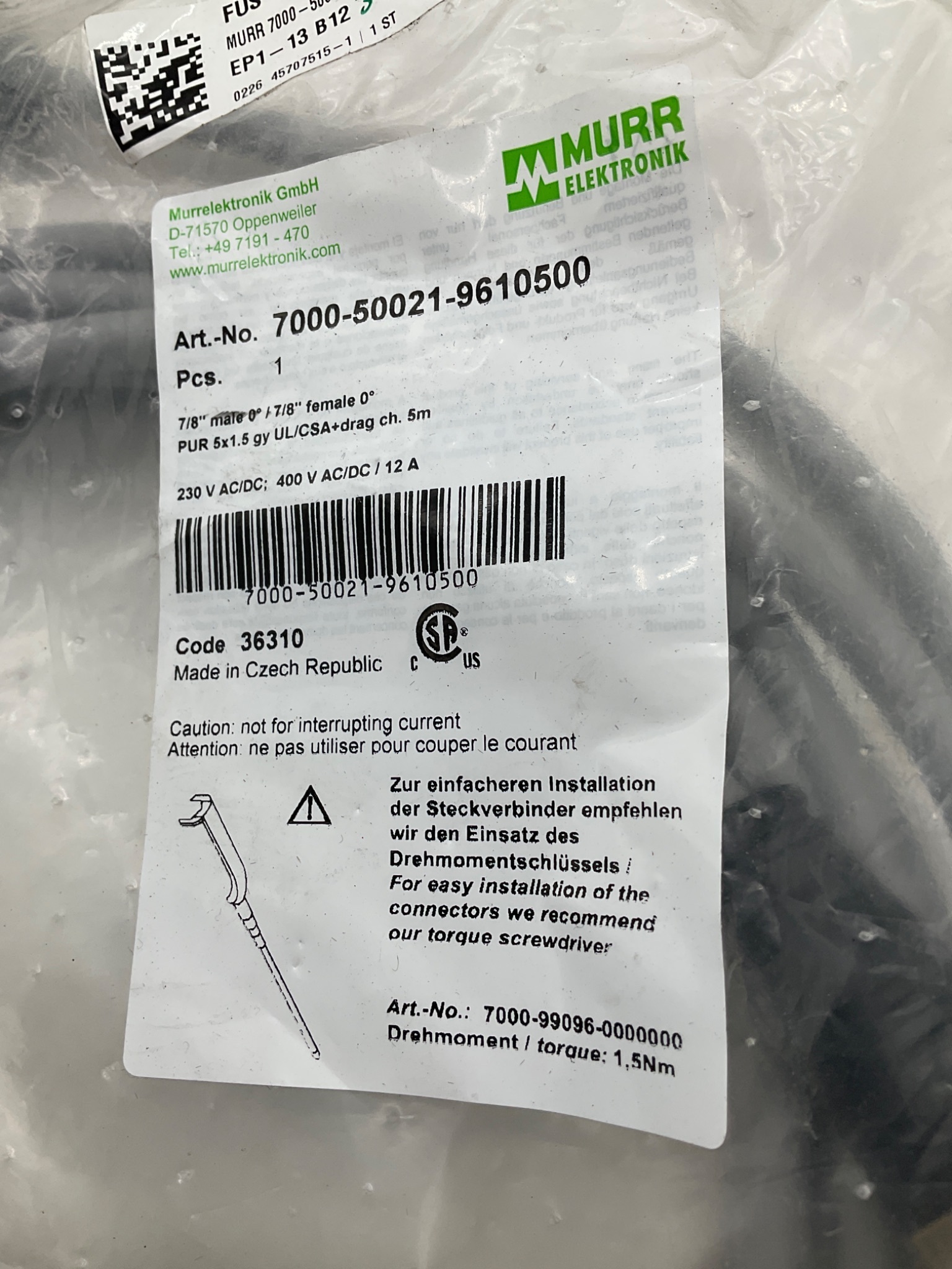 MURR ELEKTRONIK 7000-50021-9610500 7/8" Power Cordset 5M NEW 2