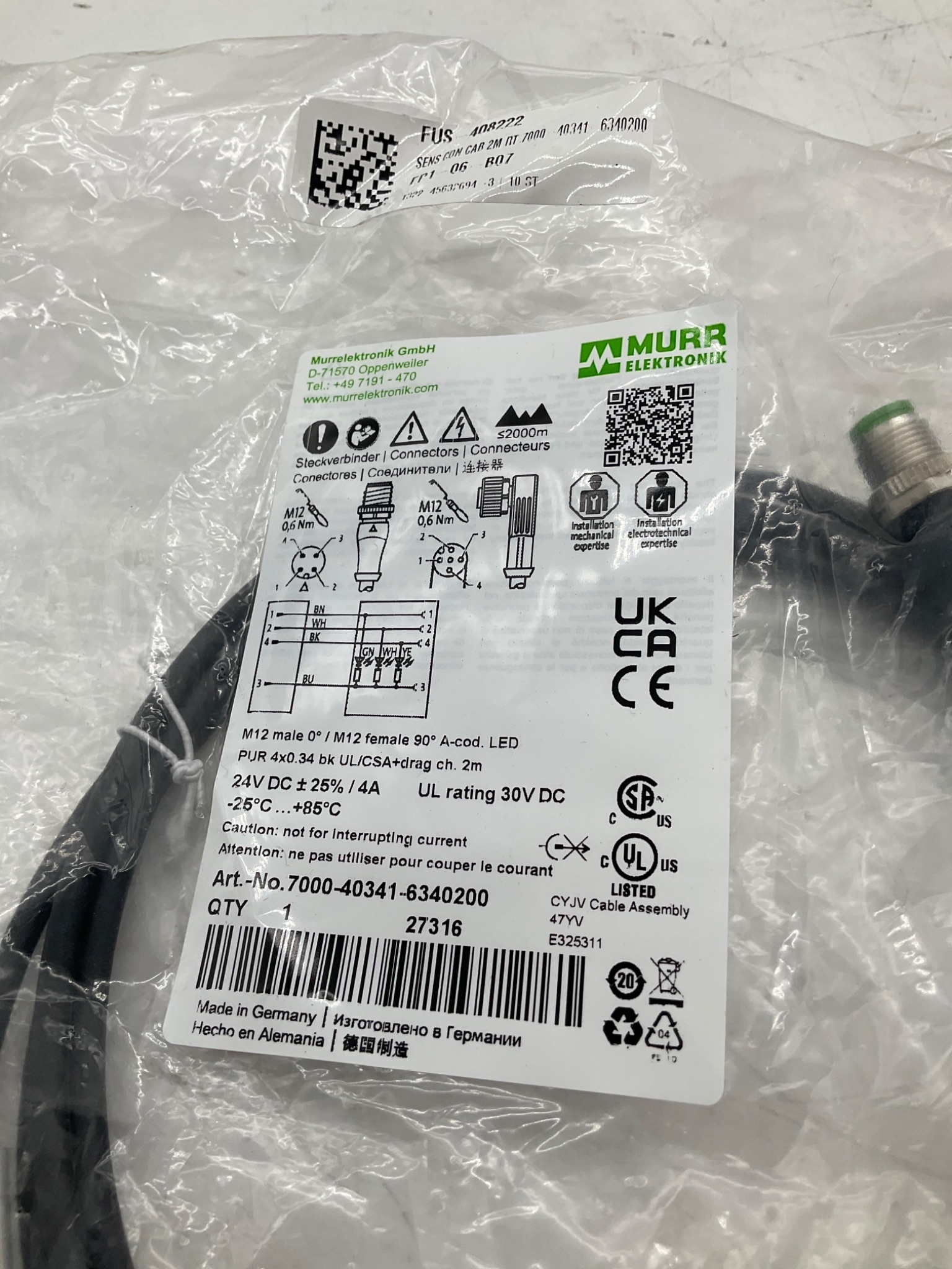 MURR ELEKTRONIK 7000-40341-6340200 M12 LED Cordset 2M NEW 0