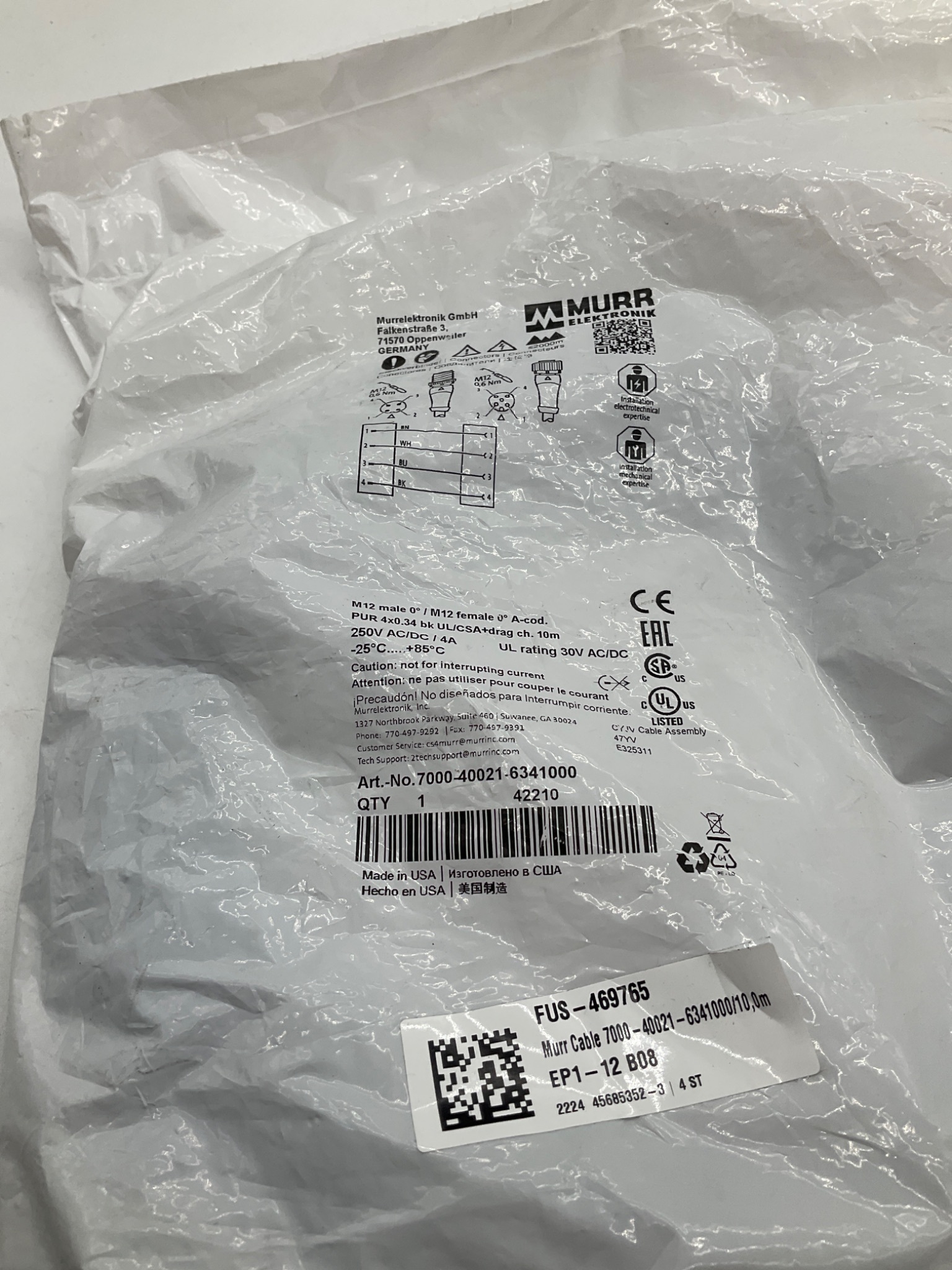 MURR ELEKTRONIK 7000-40021-6341000 M12 Sensor Actuator Cordset 10M NEW 0