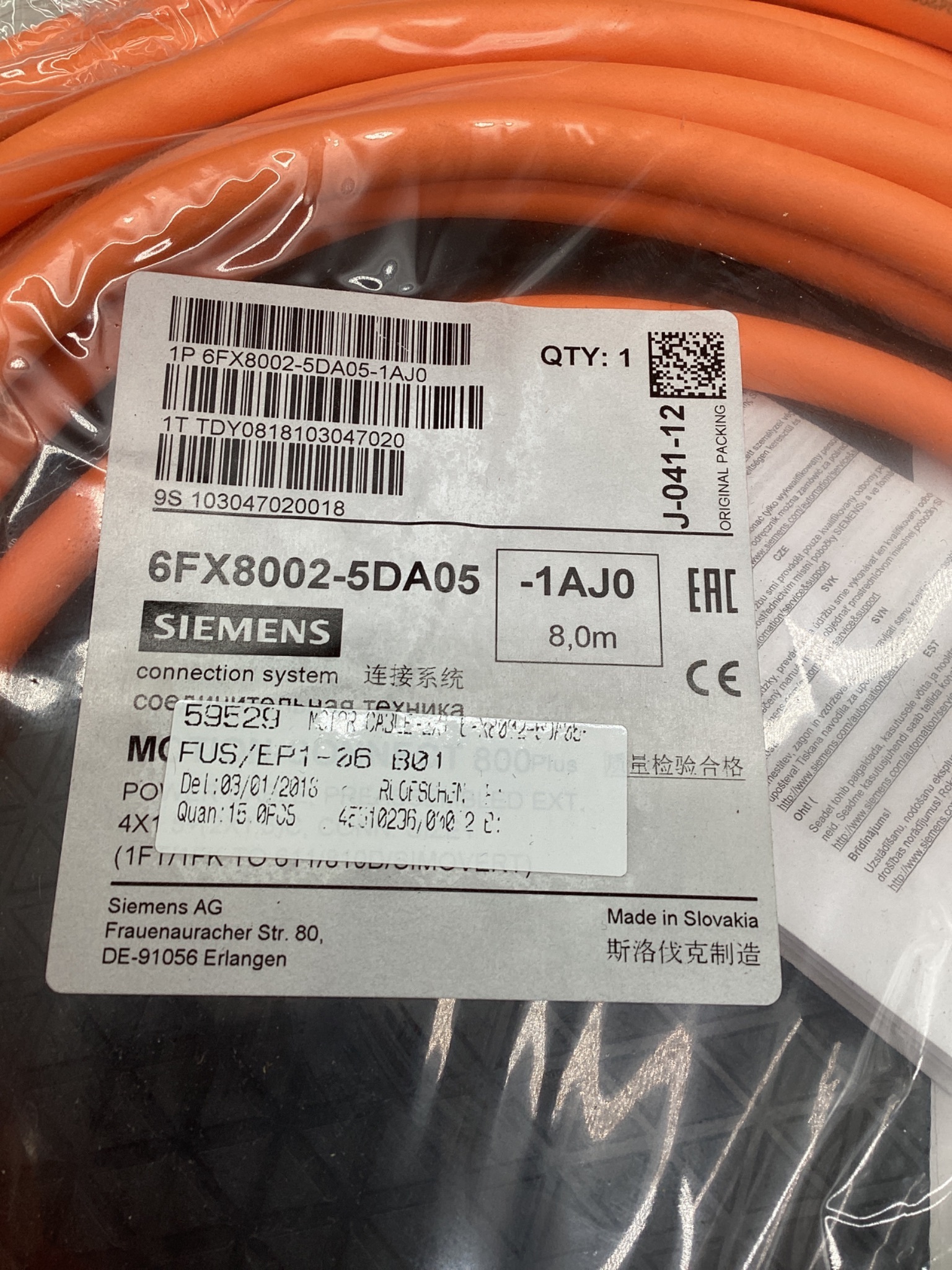 SIEMENS 6FX8002-5DA05-1AJ0 MOTION-CONNECT 800Plus Power Cable 8M NEW 1