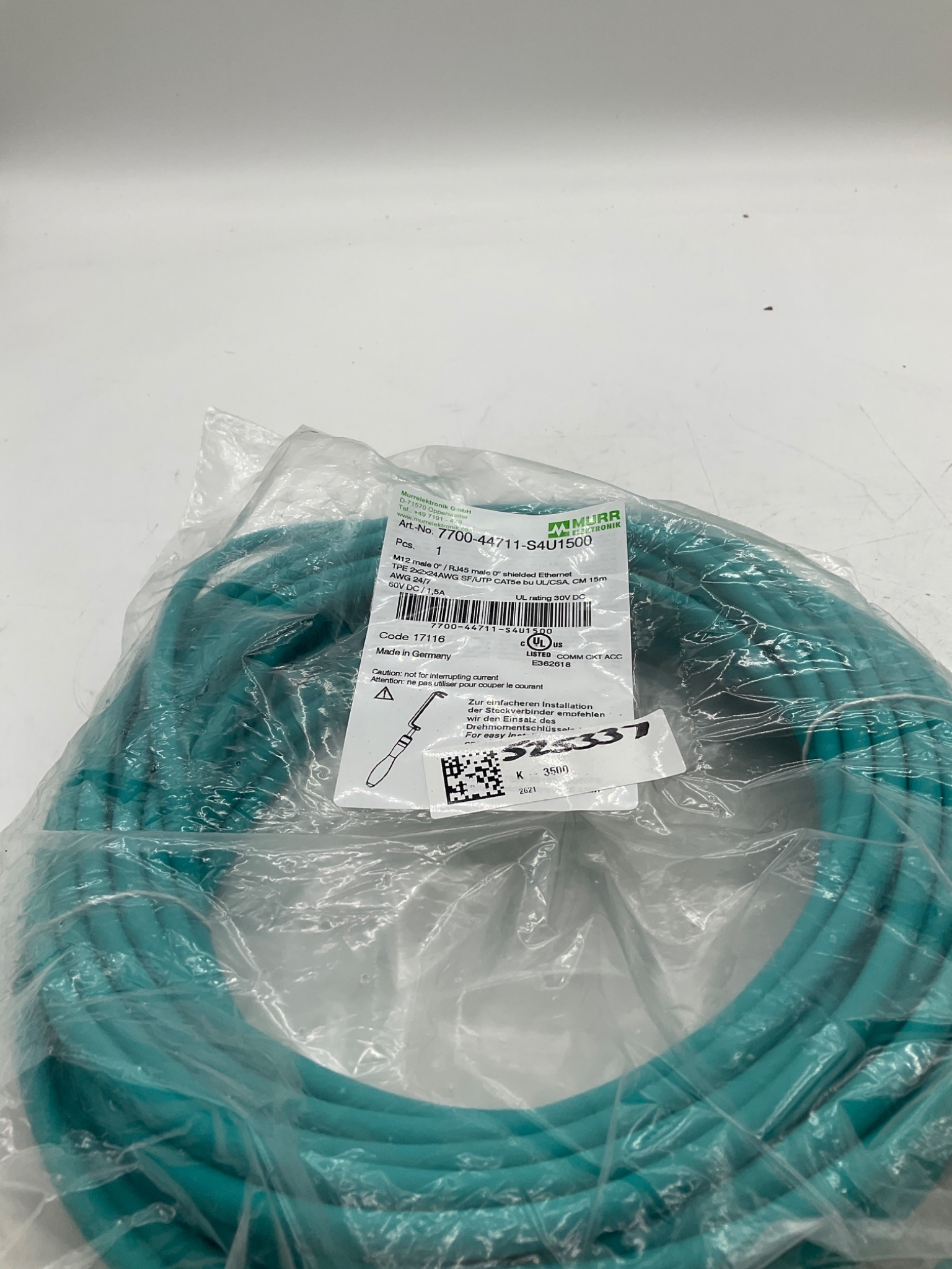 MURR ELEKTRONIK 7700-44711-S4U1500 M12 To RJ45 Ethernet Cable 15M NEW 0