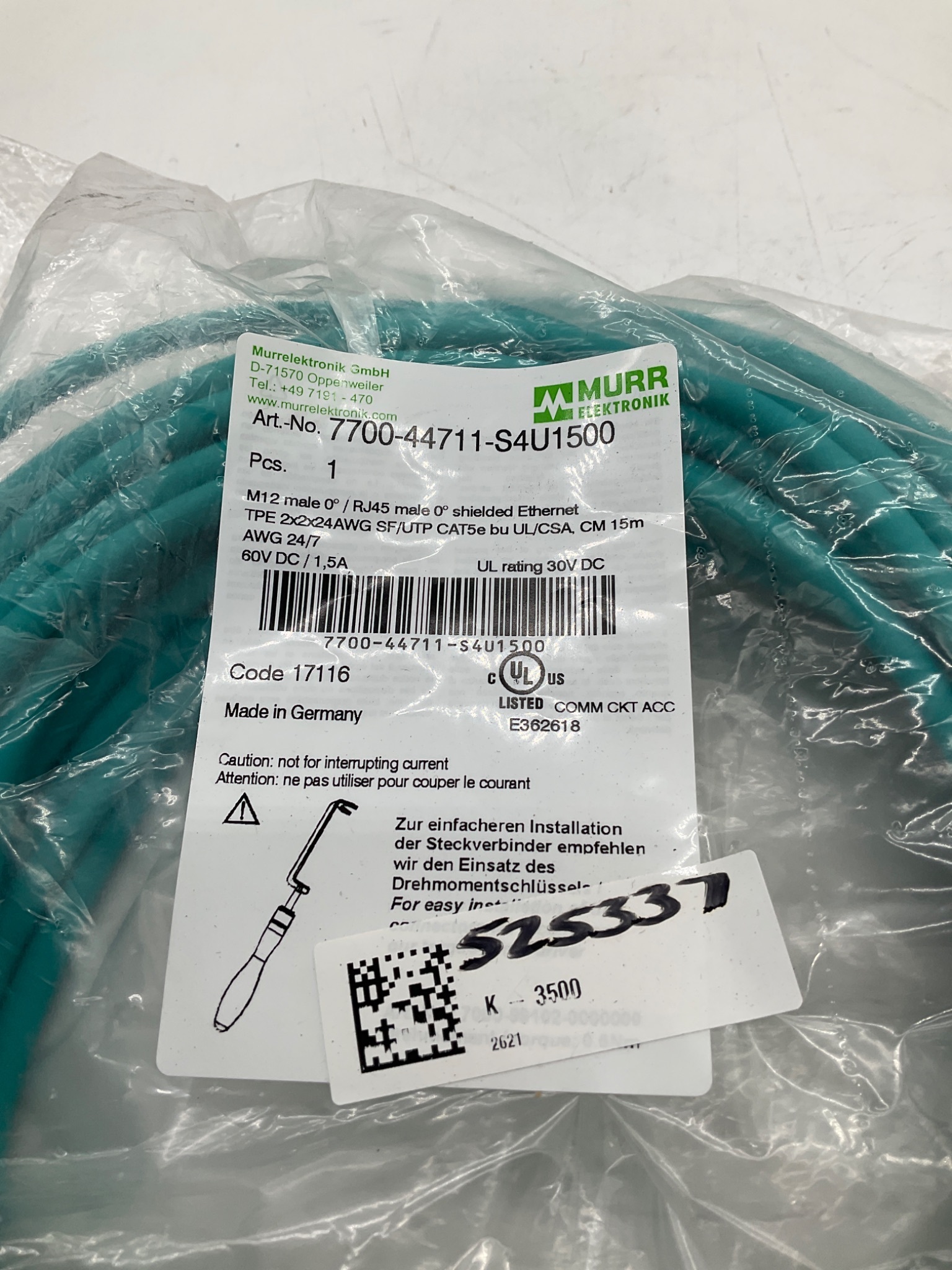 MURR ELEKTRONIK 7700-44711-S4U1500 M12 To RJ45 Ethernet Cable 15M NEW 1