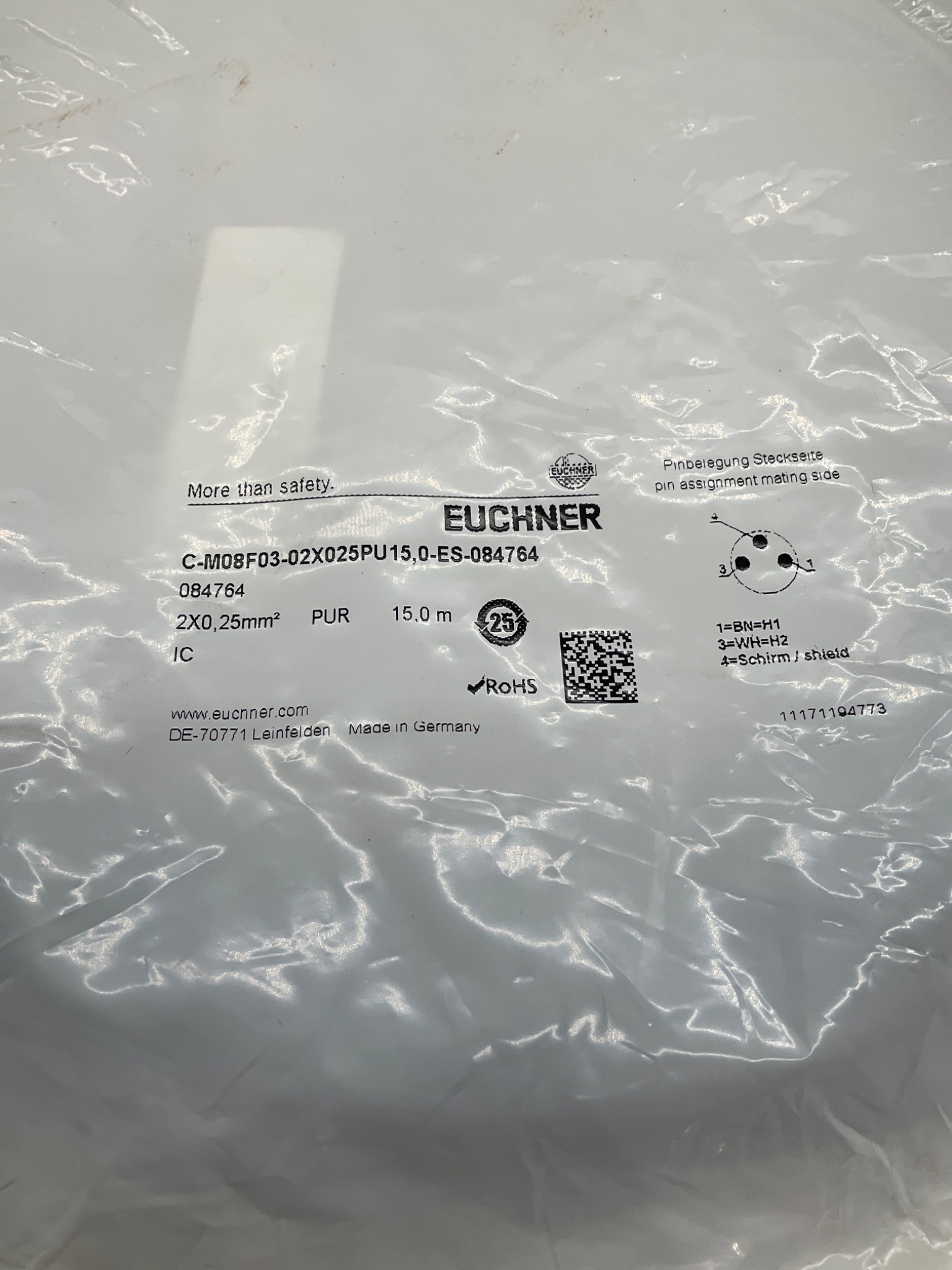 EUCHNER C-M08F03-02X025PU15,0-ES-084764 M8 Cordset 15M NEW 1