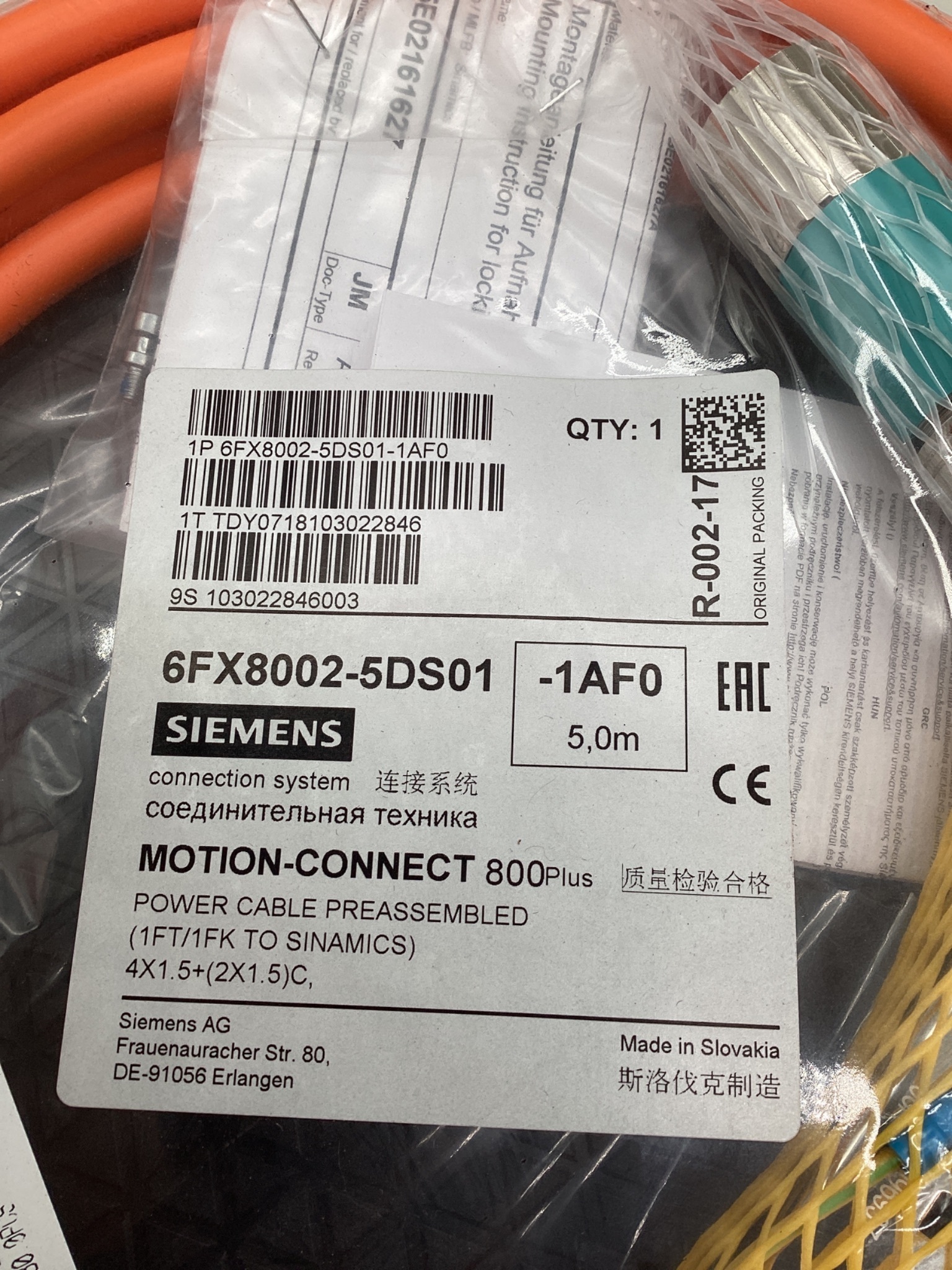 SIEMENS 6FX8002-5DS01-1AF0 MOTION-CONNECT 800Plus Power Cable 5M NEW 1