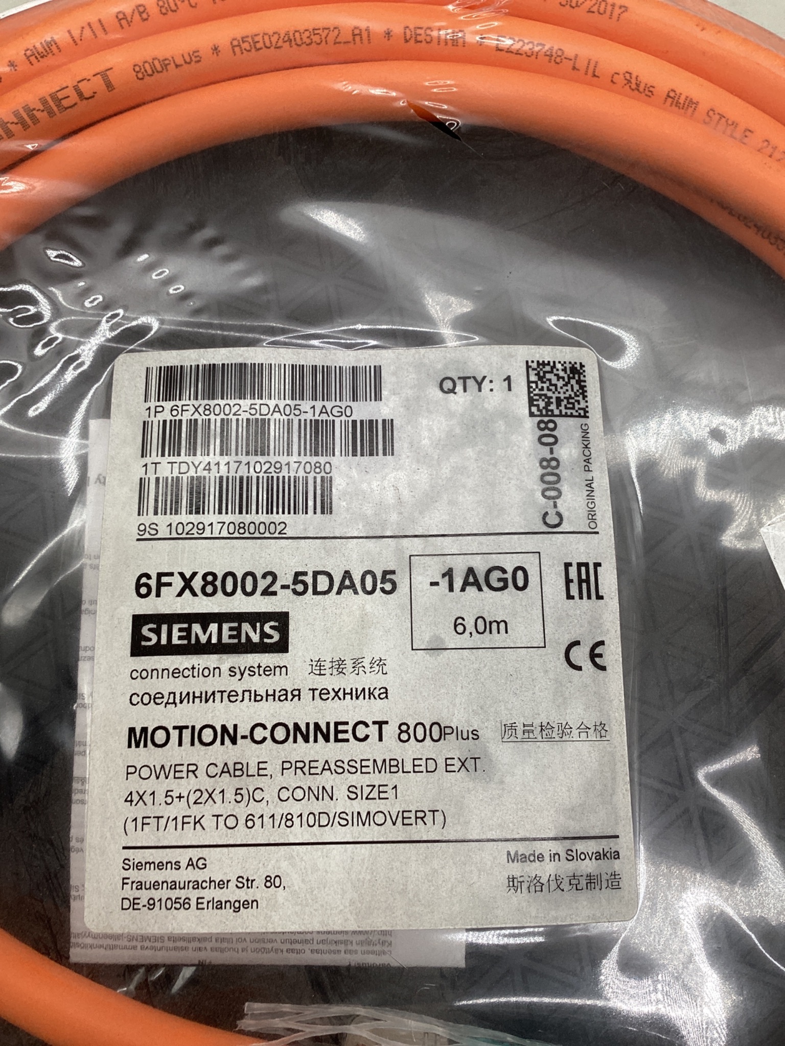 SIEMENS 6FX8002-5DA05-1AG0 MOTION-CONNECT 800Plus Power Cable 6M NEW 1