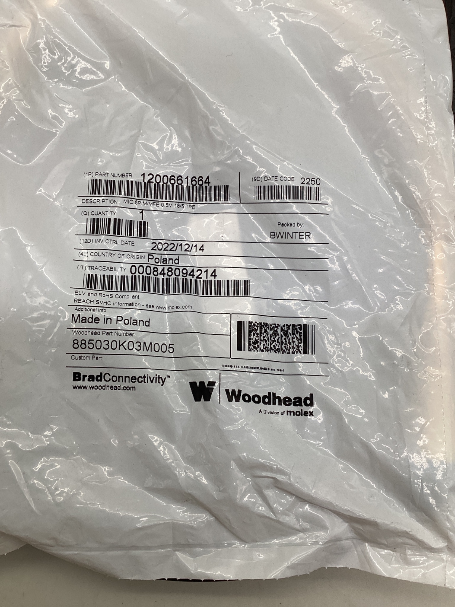 MOLEX / BRAD CONNECTIVITY 1200661664 Micro-Change Extension Cordset 0.5M NEW 1