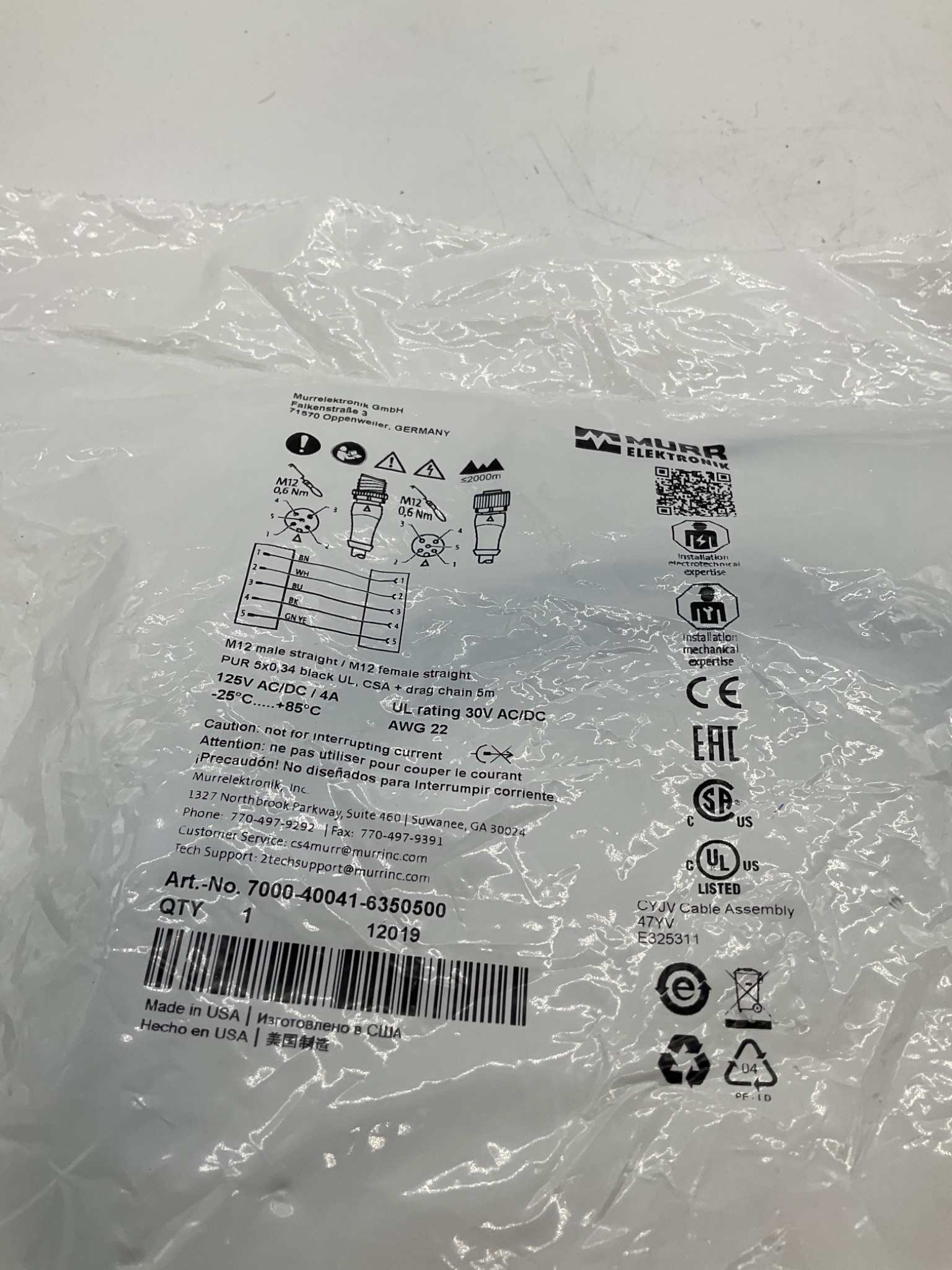MURR ELEKTRONIK 7000-40041-6350500 M12 Shielded Cordset 5M NEW 1