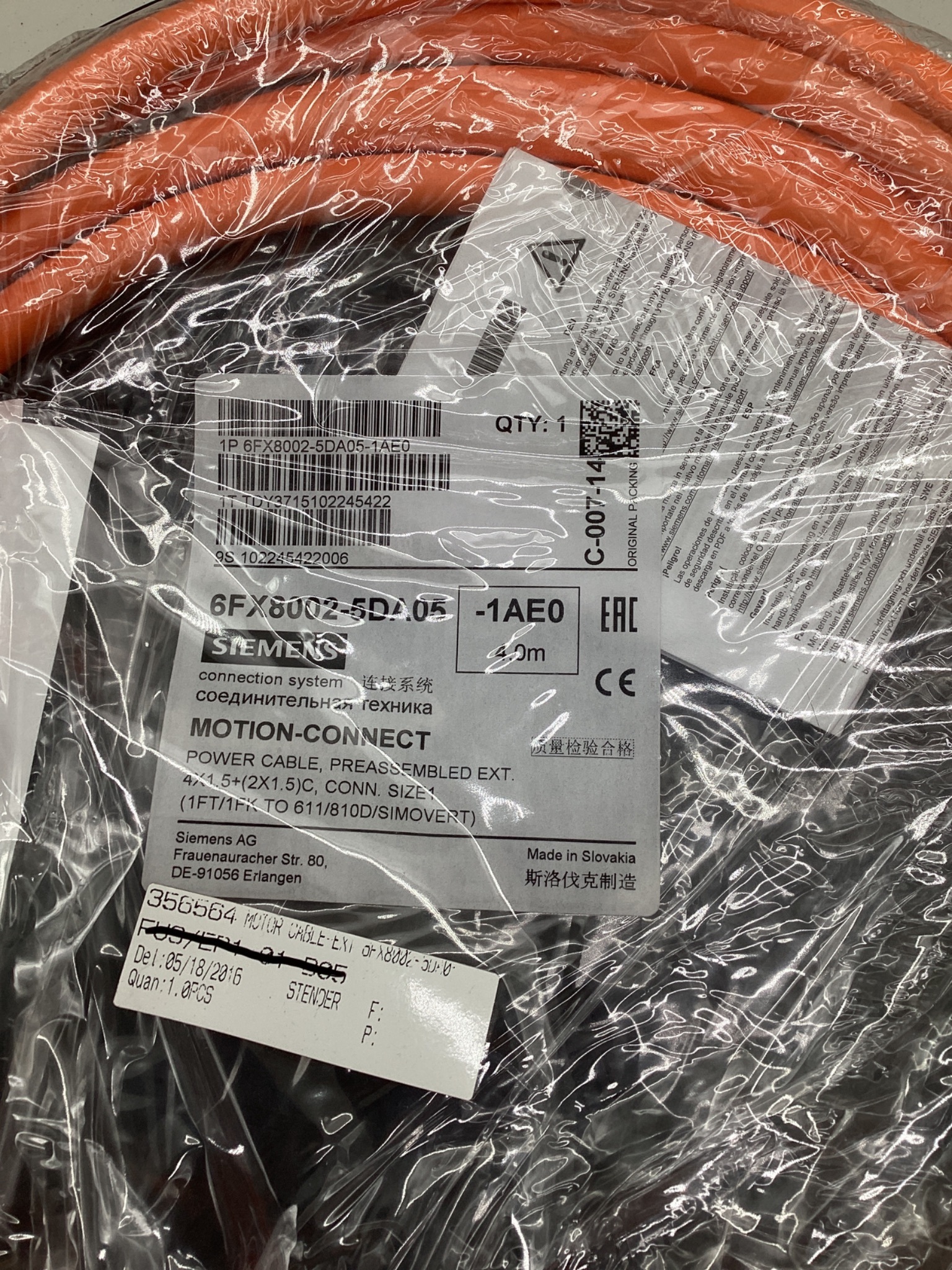 SIEMENS 6FX8002-5DA05-1AE0 MOTION-CONNECT 800Plus Power Cable 4M NEW 1