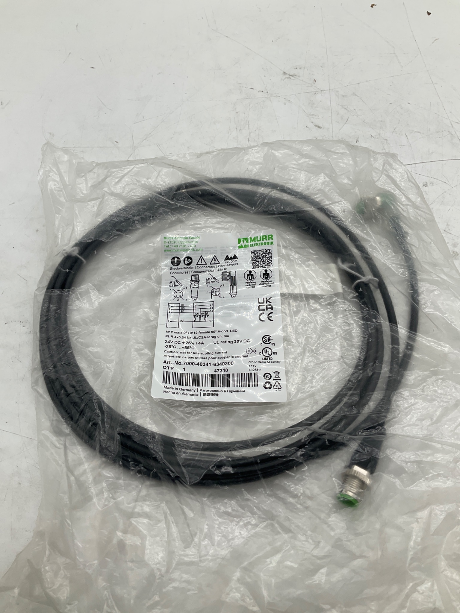 MURR ELEKTRONIK 7000-40341-6340300 M12 LED Cordset 3M NEW 0