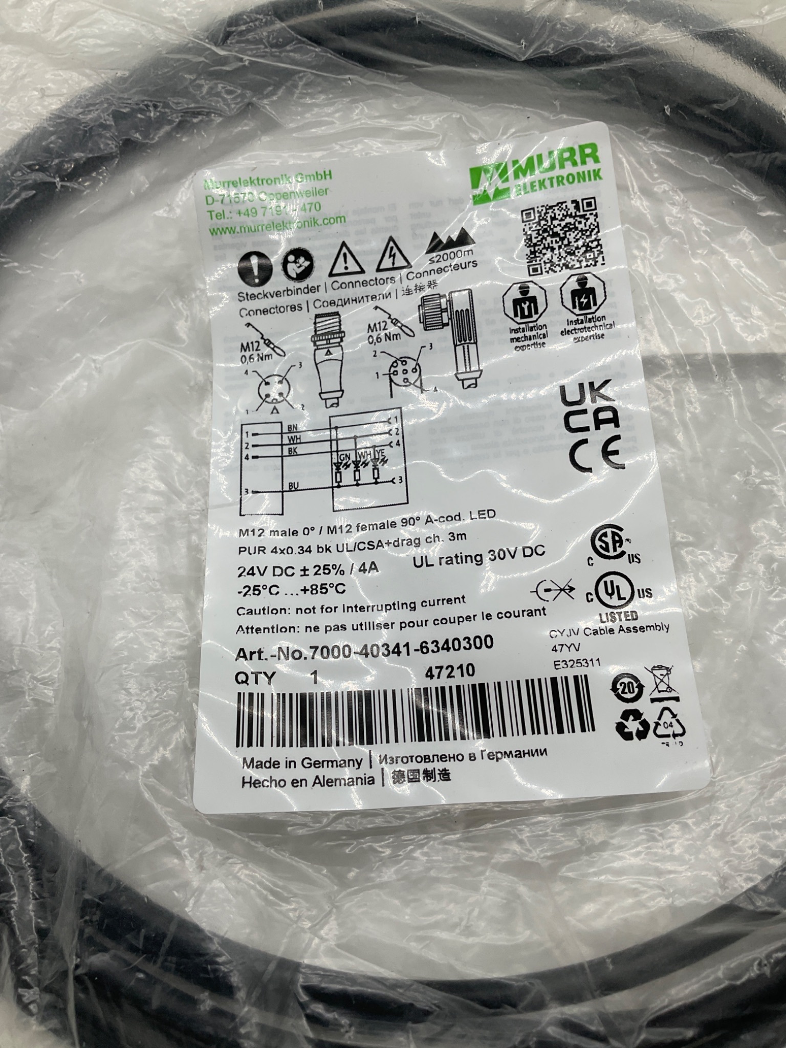 MURR ELEKTRONIK 7000-40341-6340300 M12 LED Cordset 3M NEW 1
