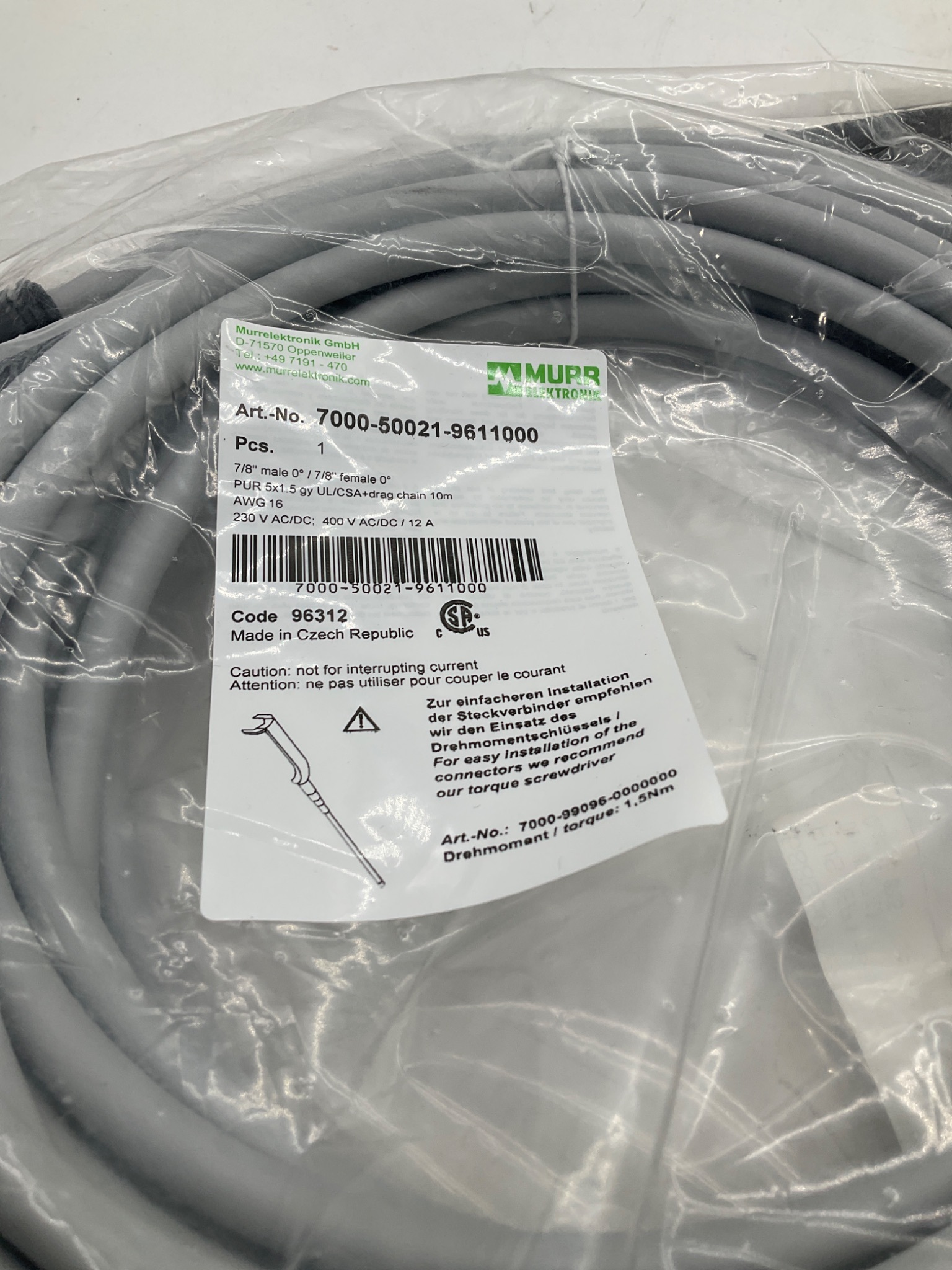 MURR ELEKTRONIK 7000-50021-9611000 7/8" Power Cordset 10M NEW 0