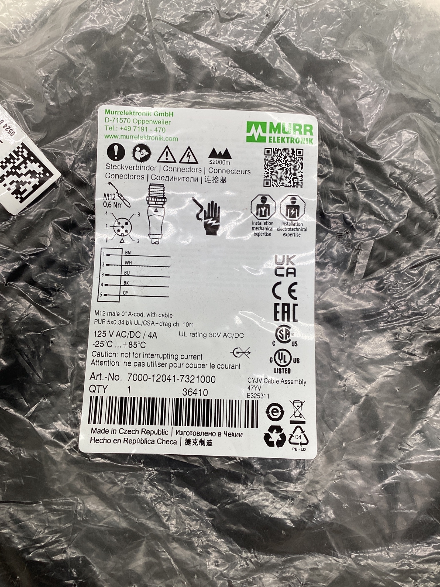 MURR ELEKTRONIK 7000-12041-7321000 M12 A-Coded Cable 10M NEW 1