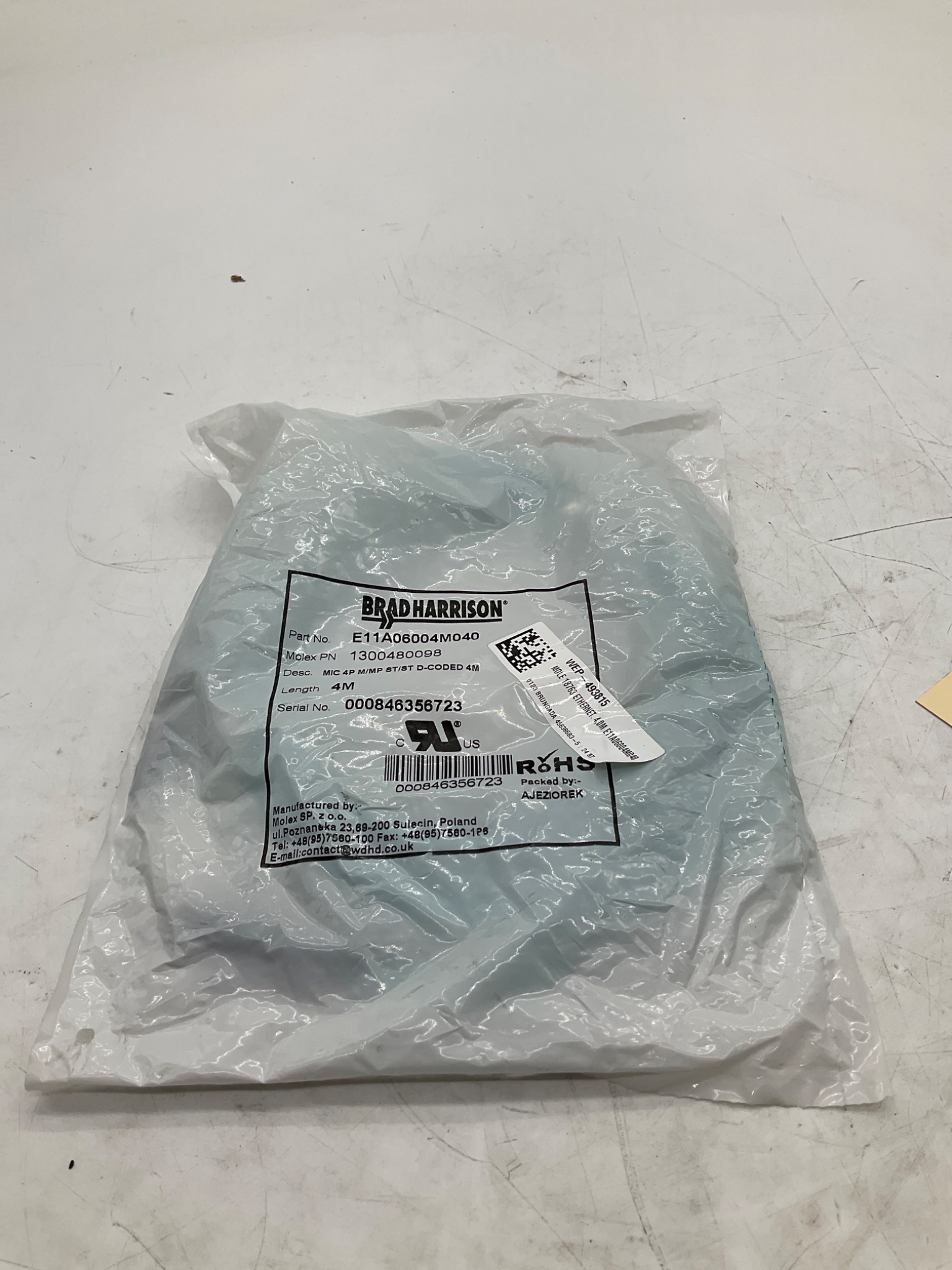 MOLEX / BRAD CONNECTIVITY 1300480098 M12 D-Coded Ethernet Cordset 4M NEW 0