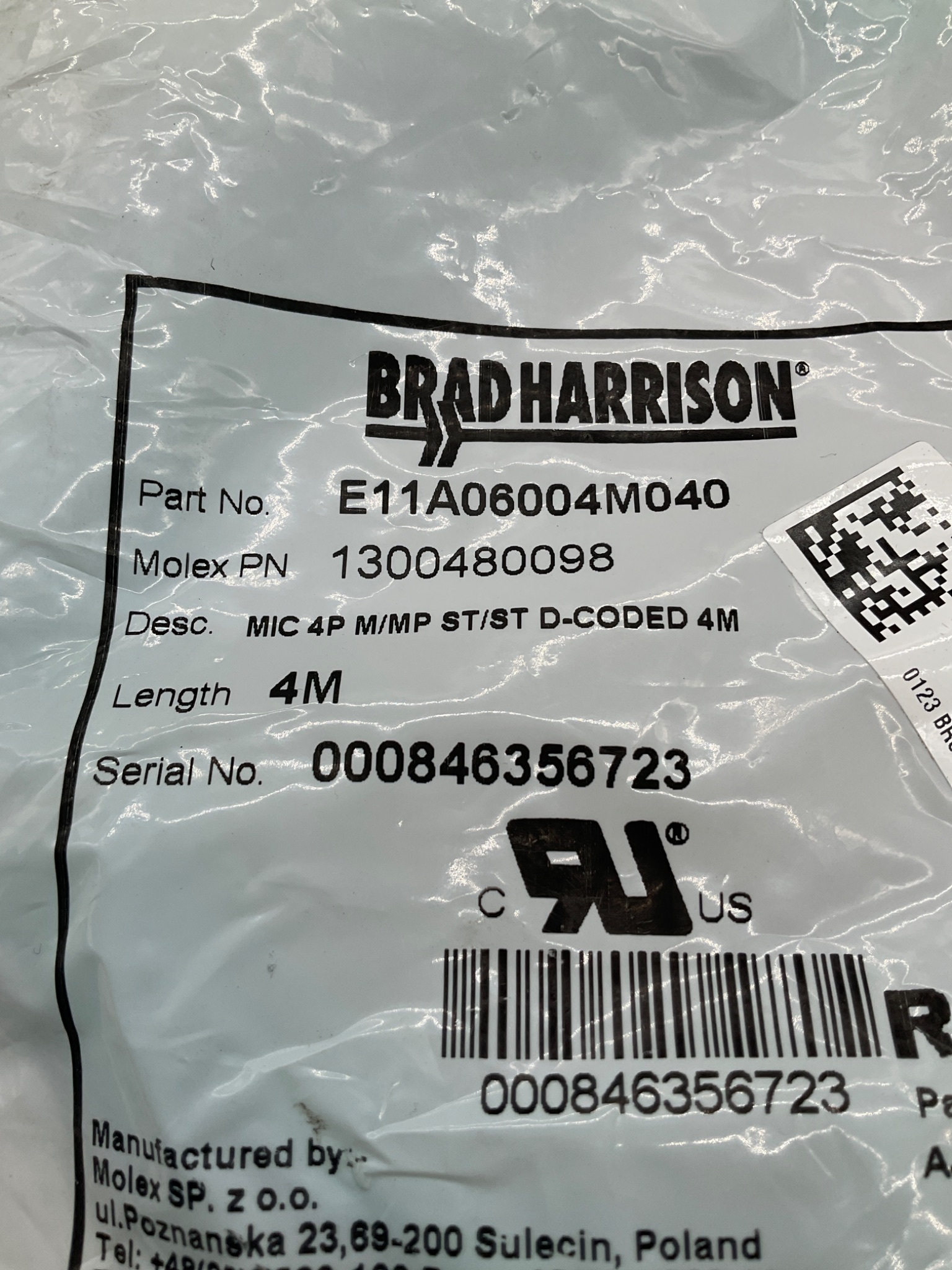 MOLEX / BRAD CONNECTIVITY 1300480098 M12 D-Coded Ethernet Cordset 4M NEW 1